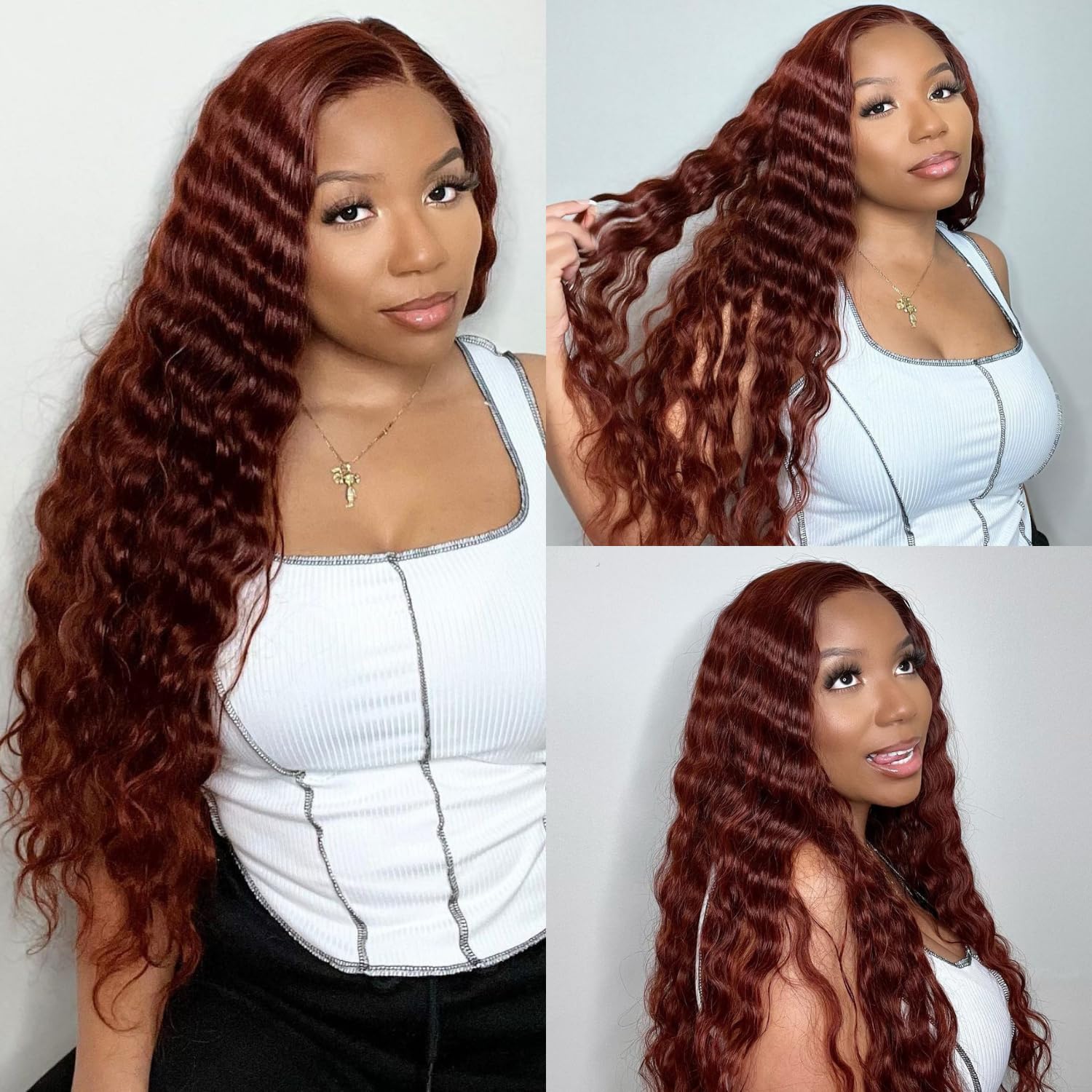 Thumbnail 6 de AAKJJ Deep Wave Lace Front Wig — 34 Inch, 13x4 HD Lace, Copper Auburn, 200% Density, 100% Human Hair