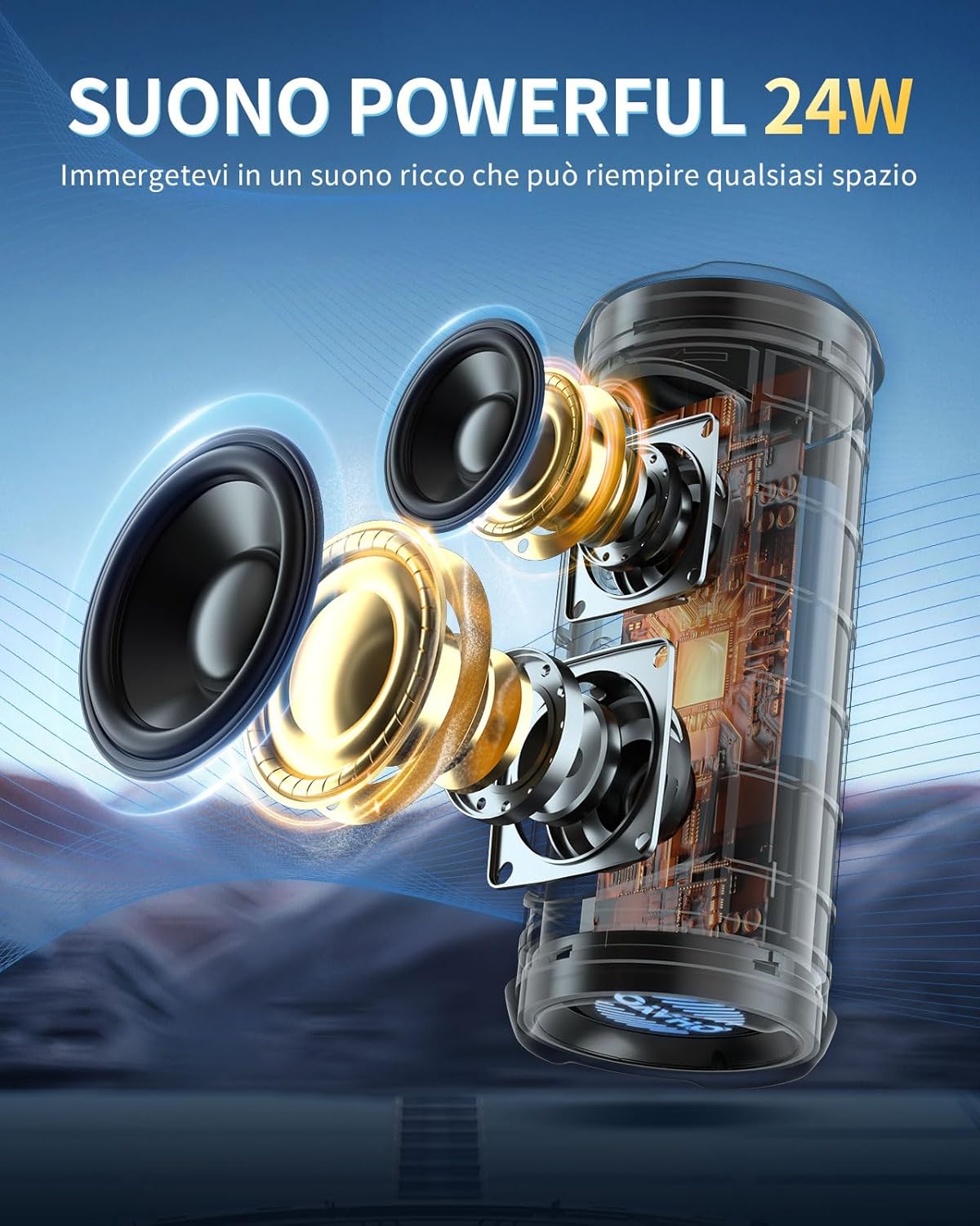Detalle 2 de OHAYO Cassa Bluetooth portatile 24W con Bluetooth 5.3, luci RGB e IPX7