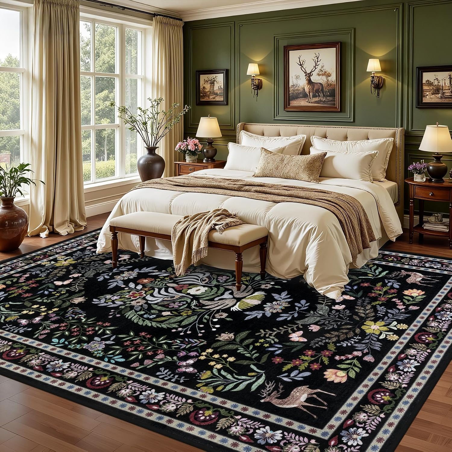 Detalle 2 de 9x12 Area Rugs Living Room Rug (Vintage Washable, Floral Animal Print) Non-Slip, Low Pile, Stain Resistant