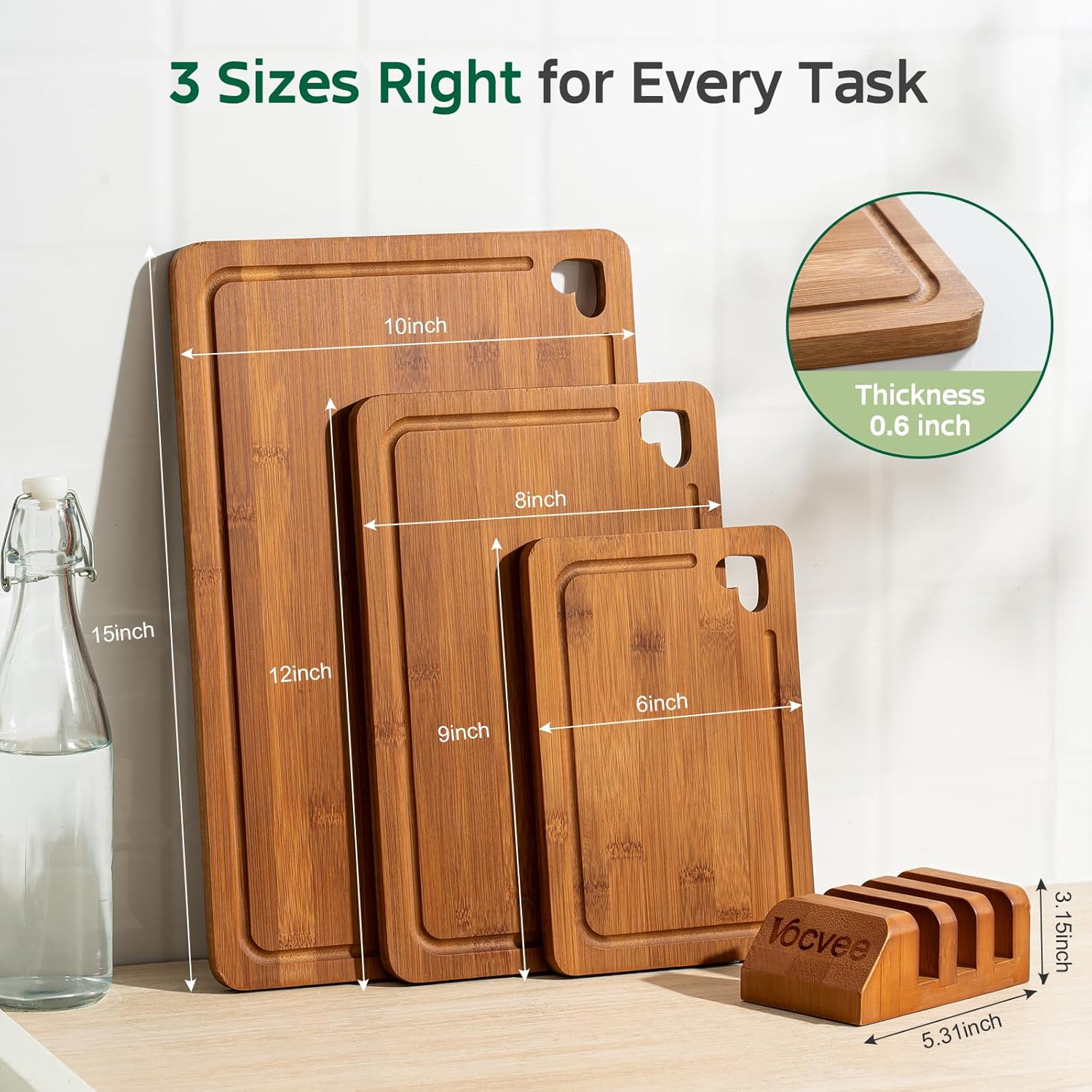 Detalle 2 de Vocvee Bamboo Cutting Boards for Kitchen (Set of 3) with Storage Stand, Juice Groove & Dual-Sided Prep/Serving