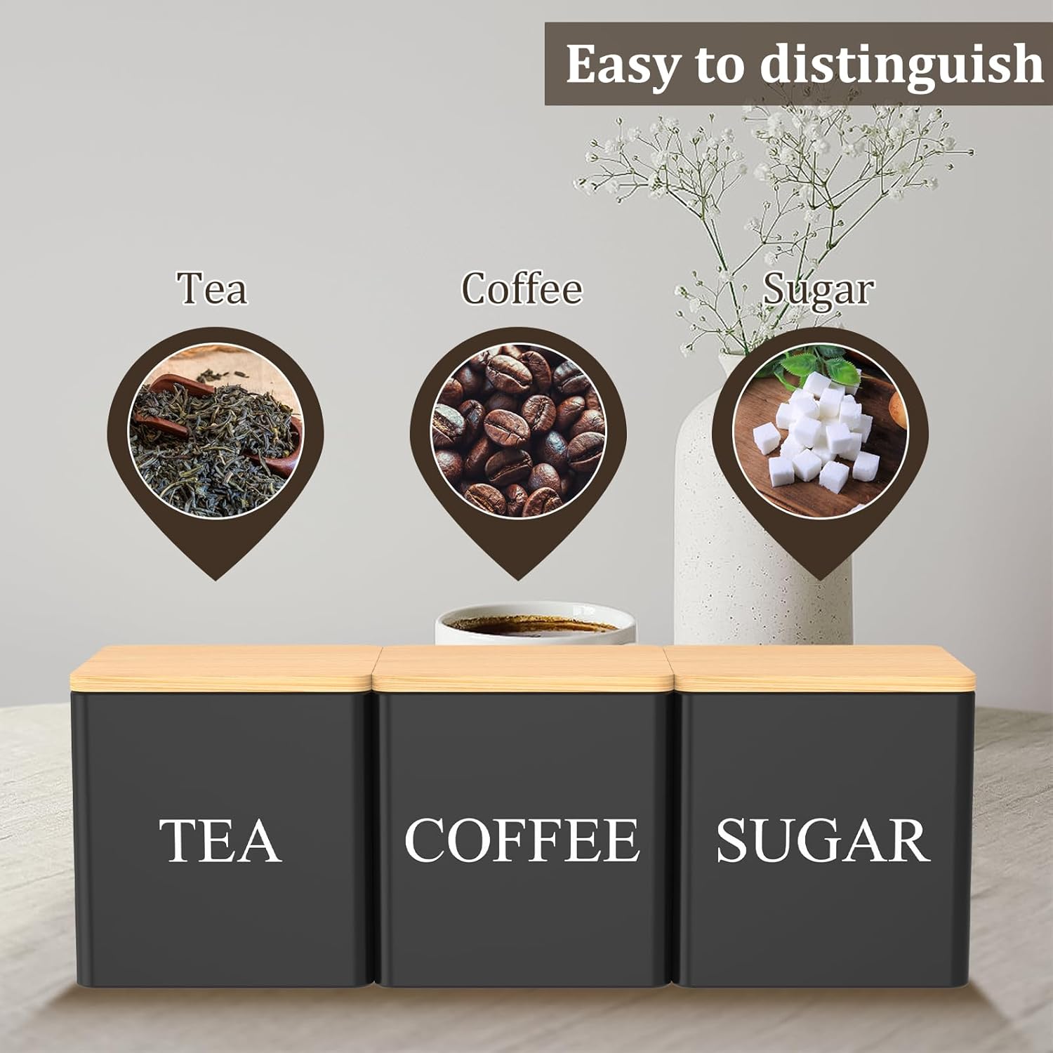 Thumbnail 2 de NIHUIFDPY 3Pcs Tea Coffee Sugar Canister Set, 500ml Metal Storage Tin with Bamboo Lids (Black)