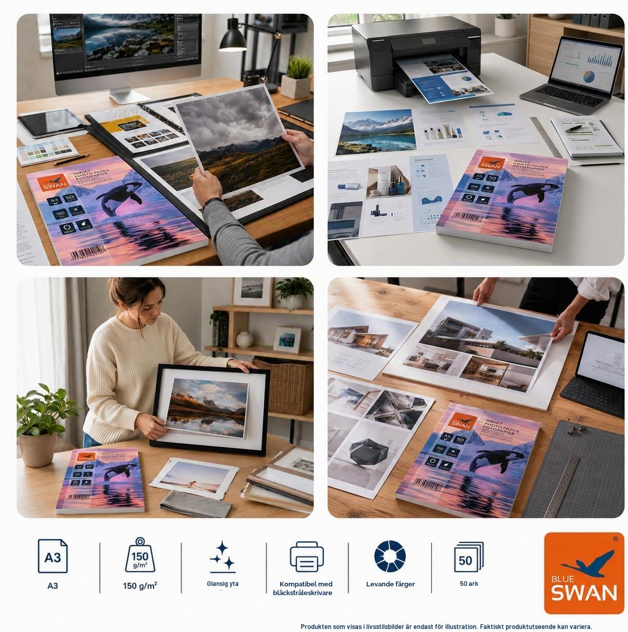Detalle de BLUE SWAN glansigt fotopapper A3, 150 g/m², 50 ark, enkelsidigt