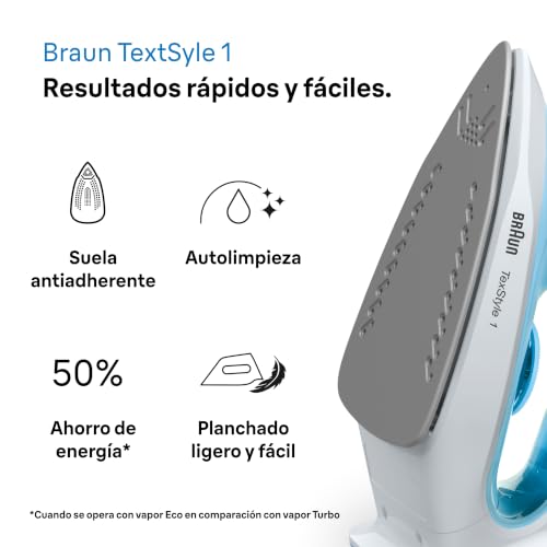 Detalle de Braun TexStyle 1 SI1029BL: plancha de vapor con suela antiadherente y calentamiento rápido