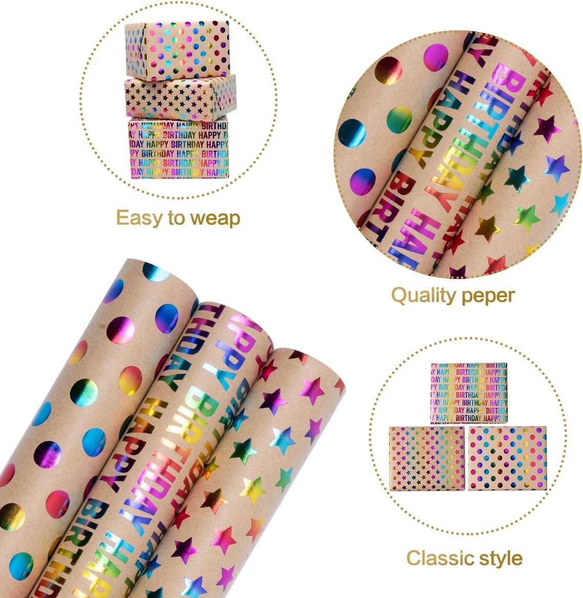 Detalle de 3 Rolls Birthday Gift Wrapping Paper | Kraft, 43cm x 3m each, 3 designs (Dots, Star, HAPPY BIRTHDAY)