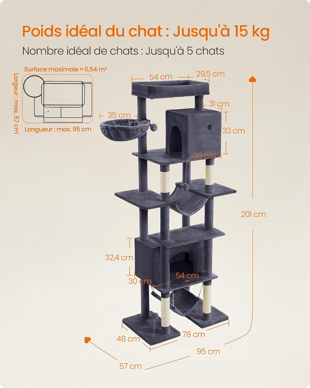 Detalle de Feandrea Arbre à Chat 201 cm – Tour XXL, multi-niveaux, gris foncé (PCT195G02)