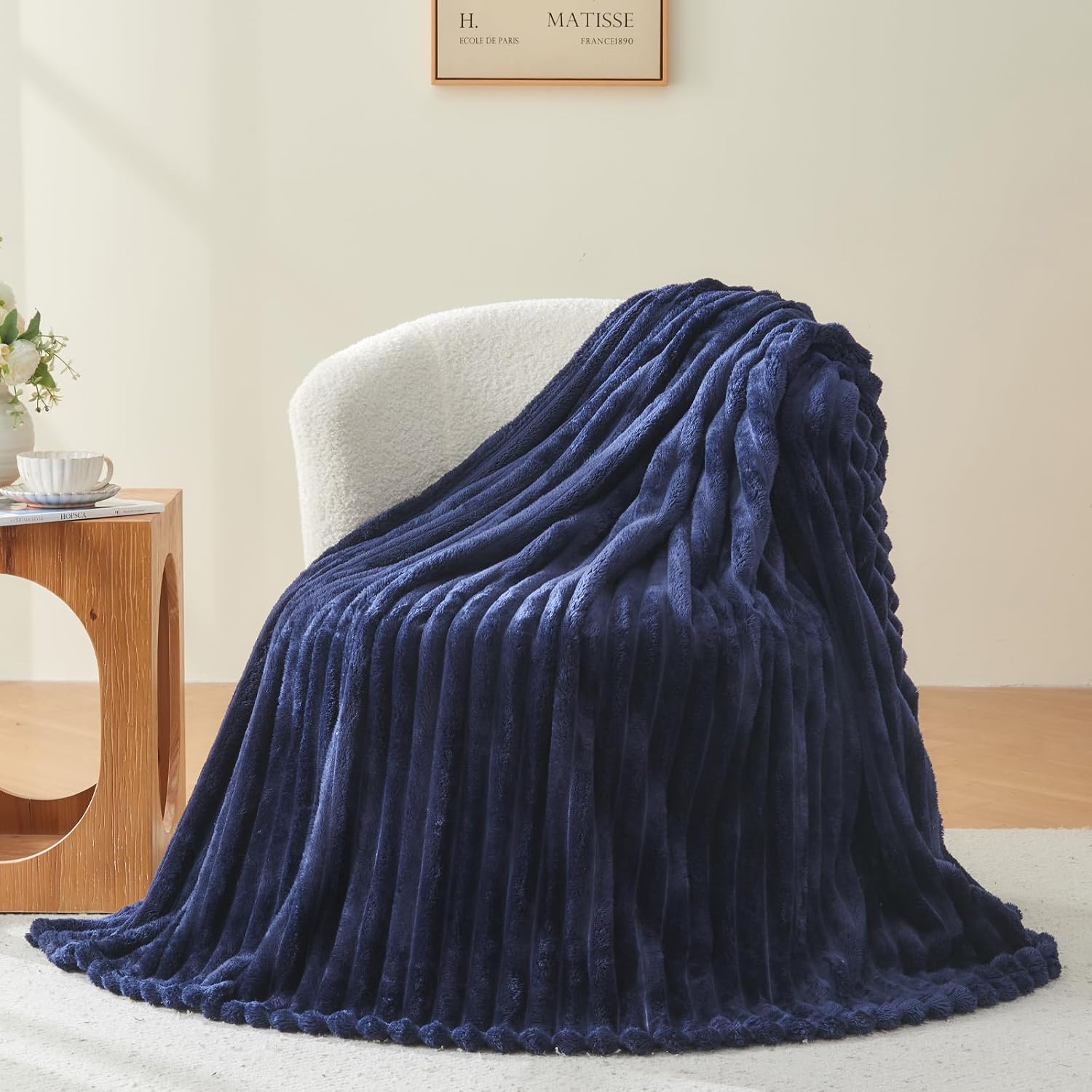 Detalle de Deamsure Twin Fleece Blanket, Navy 3D Ribbed, Lightweight, 60" x 80