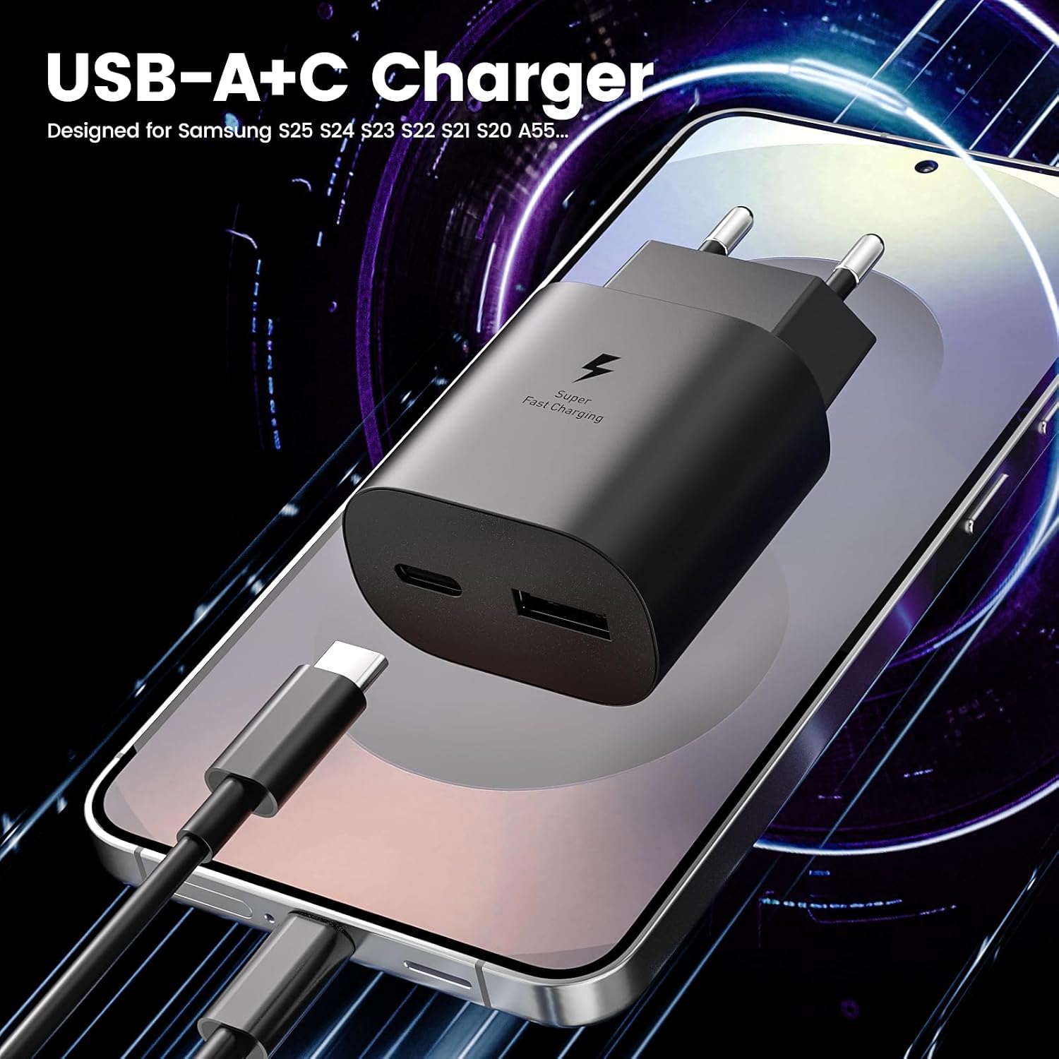 Detalle 2 de Caricabatterie USB-C 25W con 2 Porte e Cavo da 2 m per Samsung Galaxy e altri dispositivi