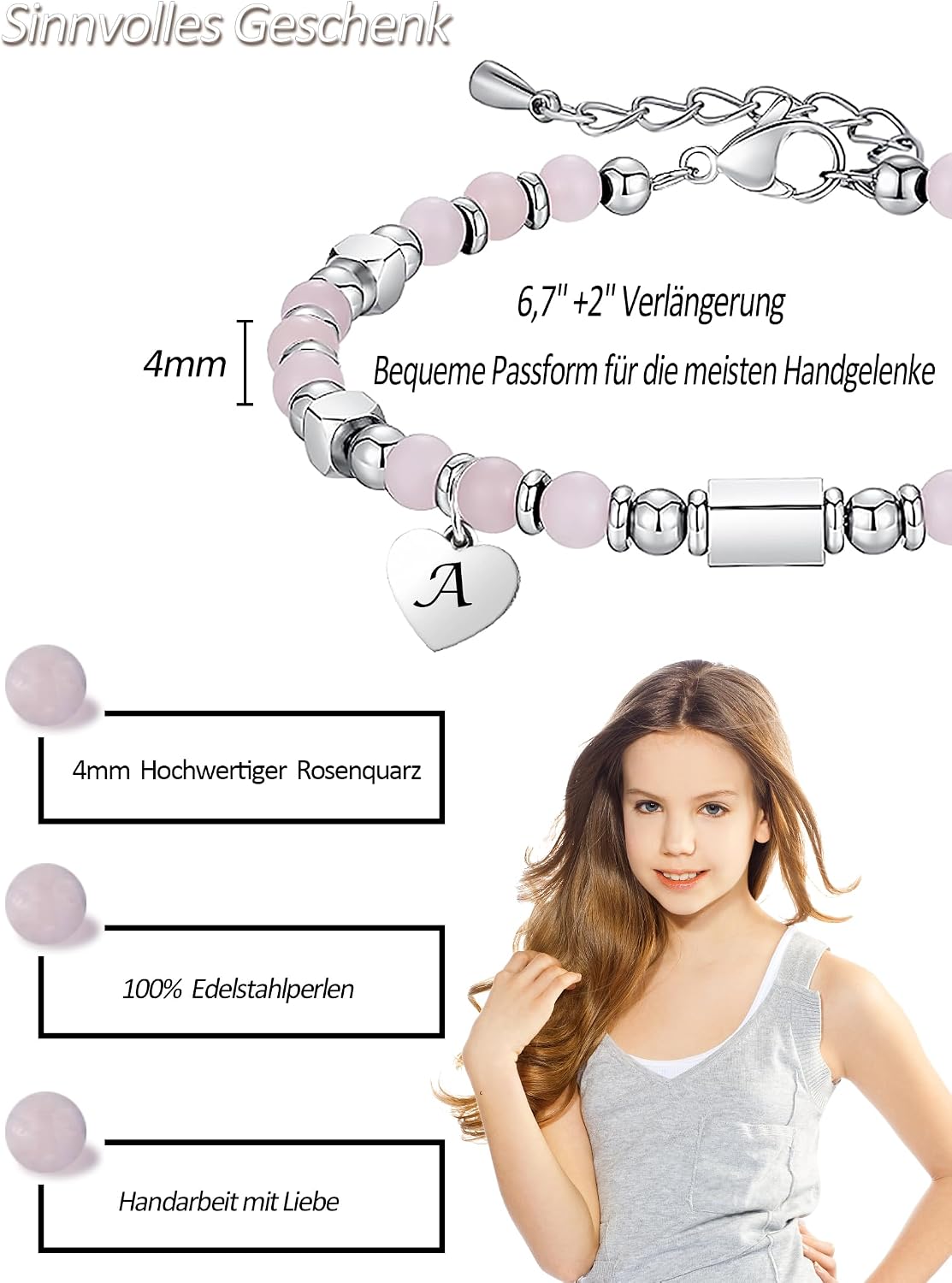 Thumbnail 4 de HAYOUWAY Rosenquarz Armband Buchstaben 4 mm