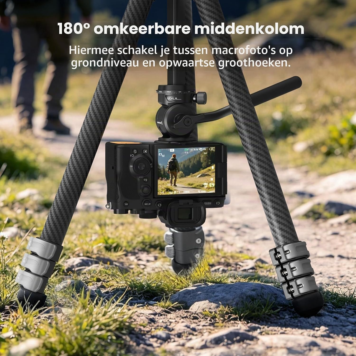 Detalle de SMALLRIG 5877 carbonfiber reisstatief met vloeistofkop en omkeerbare middenkolom