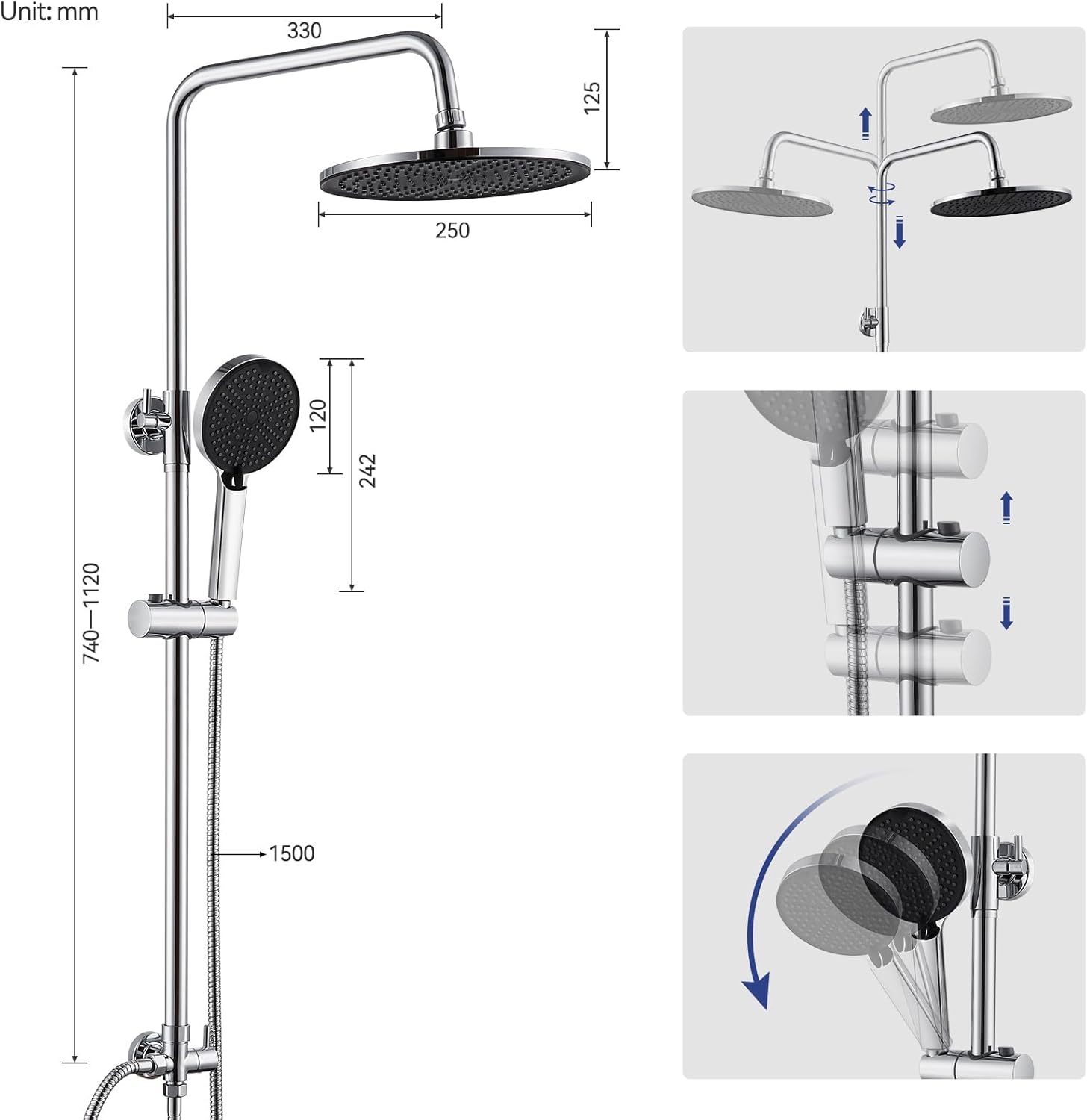 Thumbnail 5 de Auralum Regendusche ohne Armatur – Duschset mit Ø 250 mm, 4 Strahlarten & höhenverstellbarer Duschstange