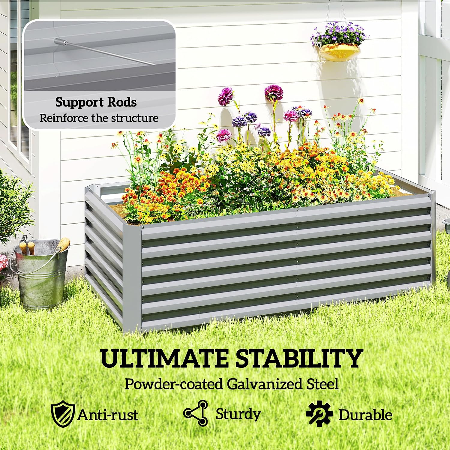 Thumbnail 3 de Outsunny Galvanized Raised Garden Bed, 6' x 3' x 2', Light Grey