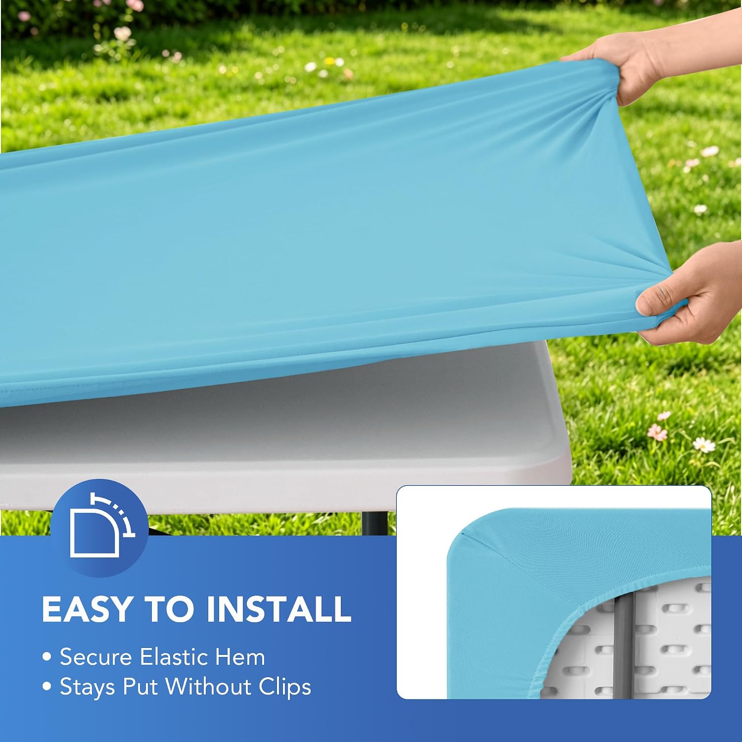 Detalle de Enjoyidea 6-Foot Spandex Table Covers (6-Pack) — Light Blue, Elastic Fitted Rectangular Tablecloths