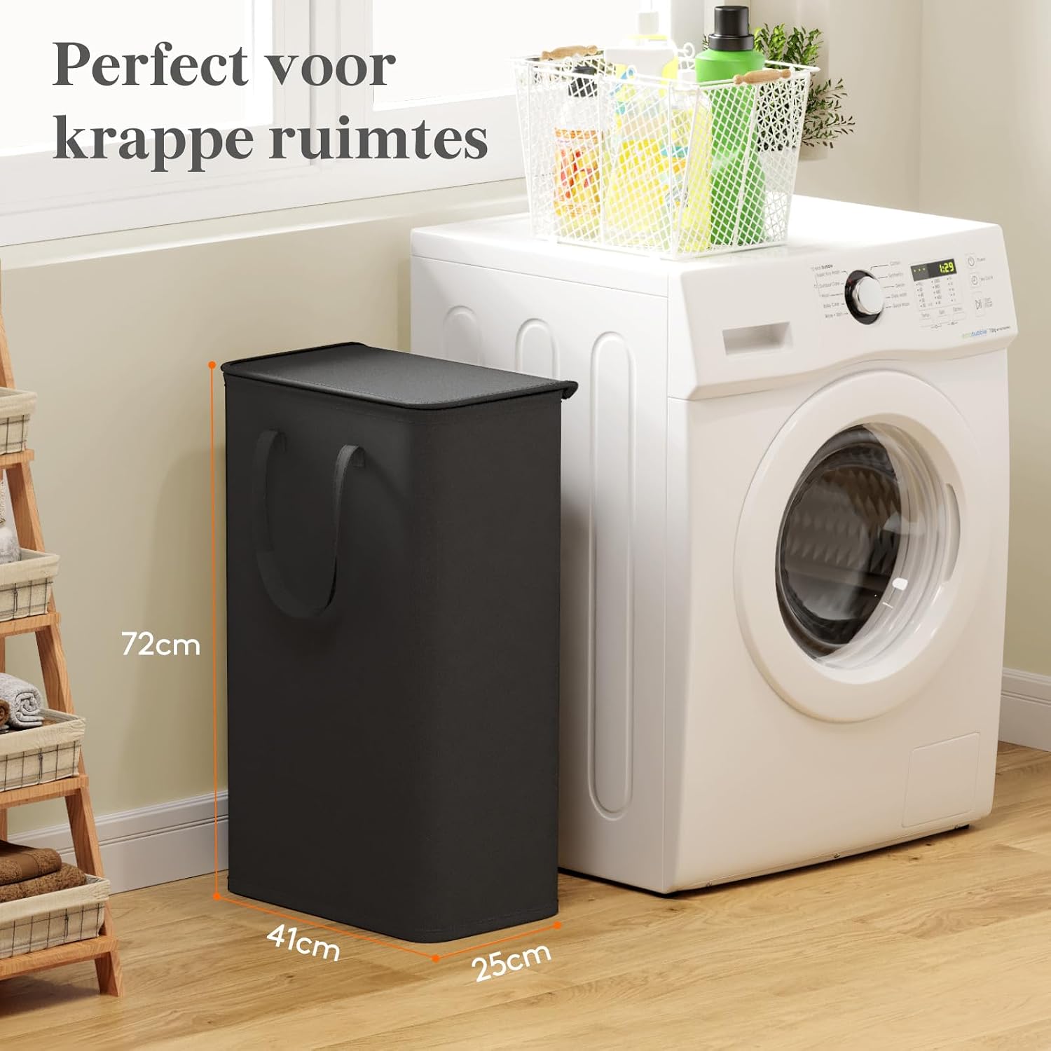 Detalle 2 de Lifewit 24017 smalle wasmand van 75 liter met deksel, opvouwbaar, zwart