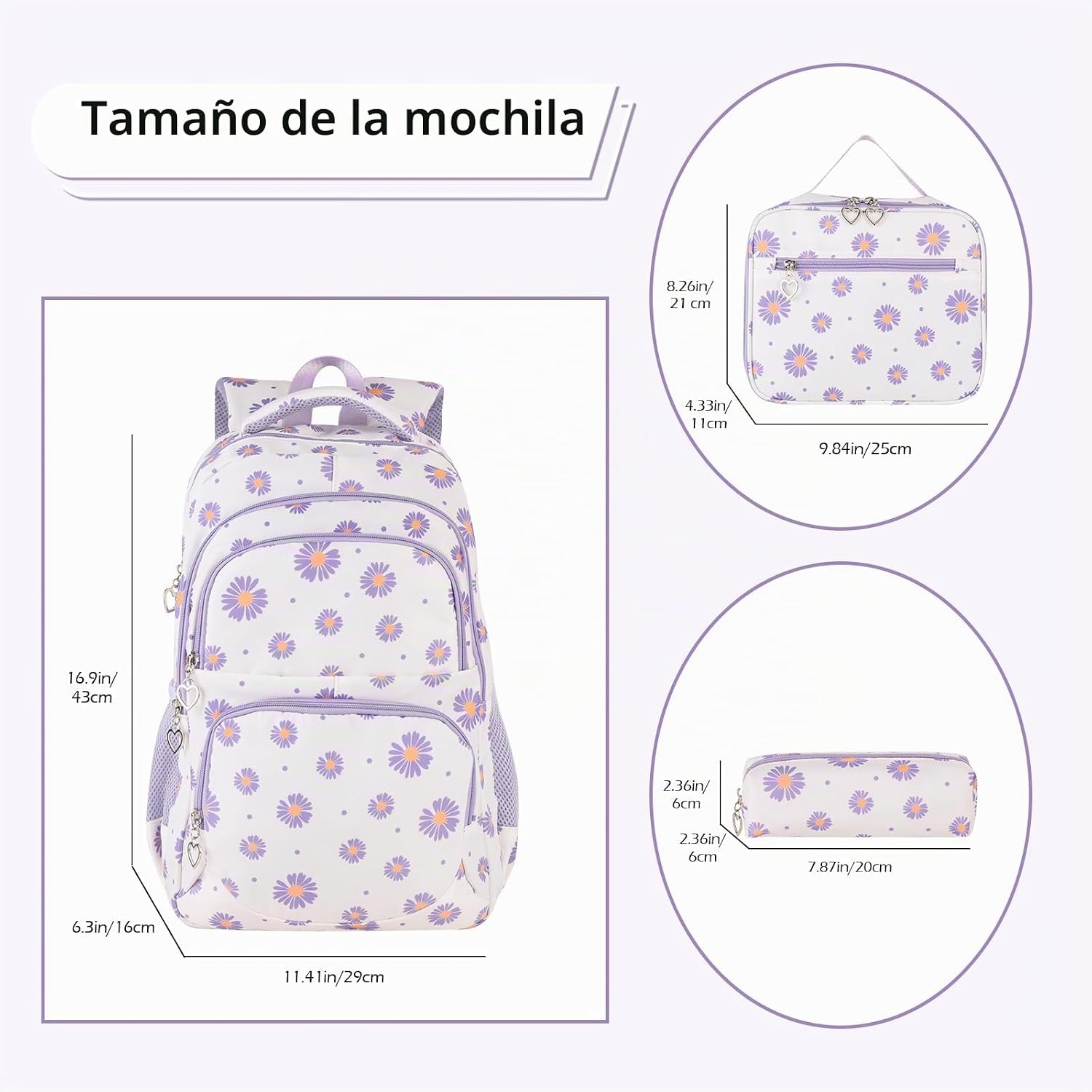 Detalle de SIVENKE Mochila Escolar para Niñas y Adolescentes – Beige con Bolsa para almuerzo y estuche