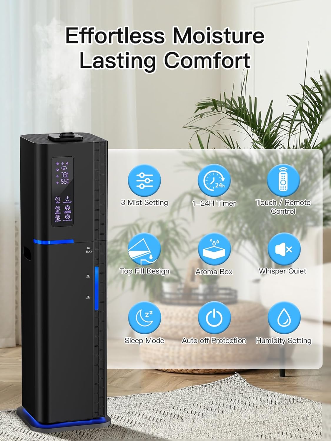 Detalle de Zeova HQ-JS2325-01 Ultrasonic Cool-Mist Humidifier, 10 L, Top-Fill, 3 Mist Levels