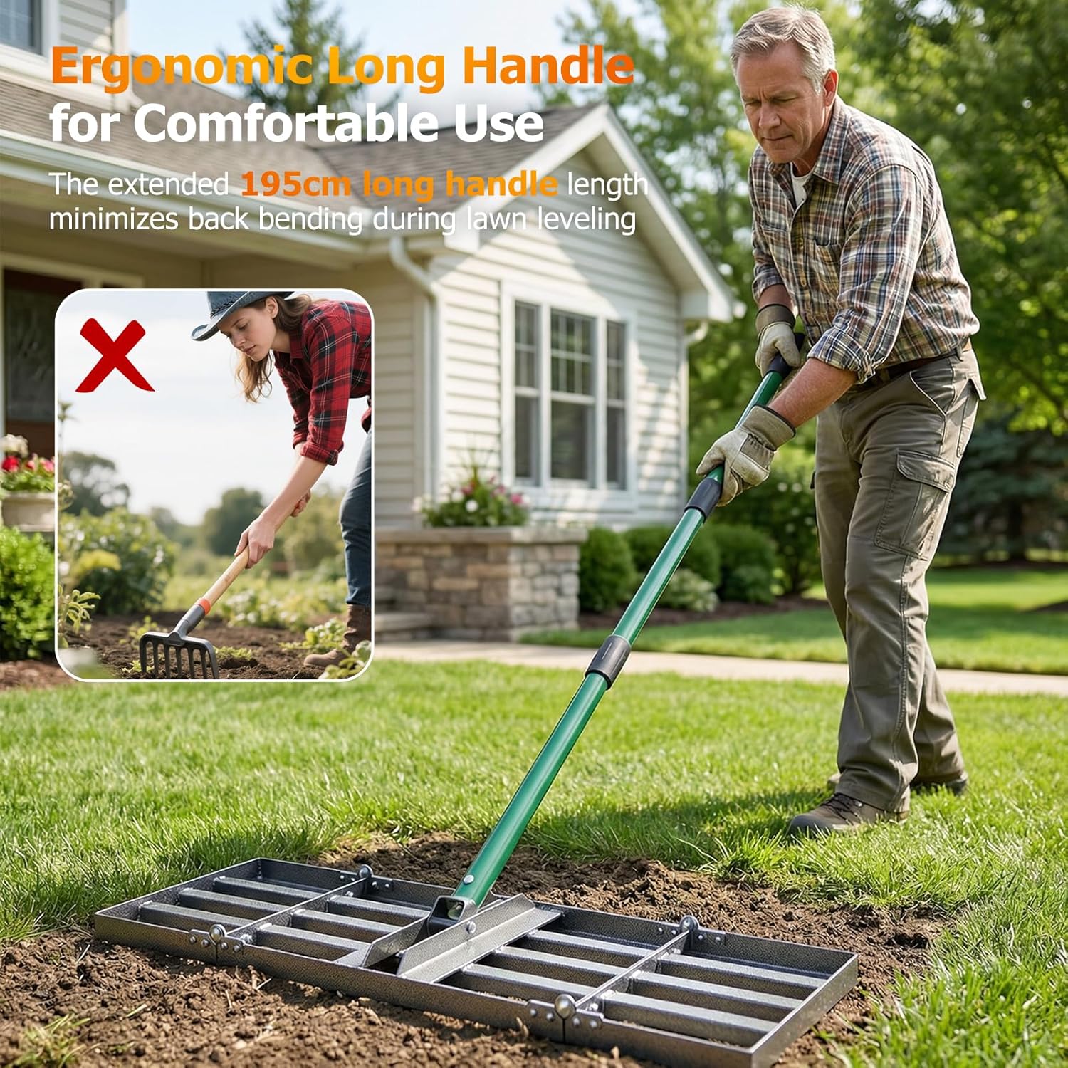 Thumbnail 1 de 76x25cm Lawn Levelling Rake with Adjustable 85–195cm Handle – Heavy-Duty Ground Leveler for Soil, Sand & Gravel