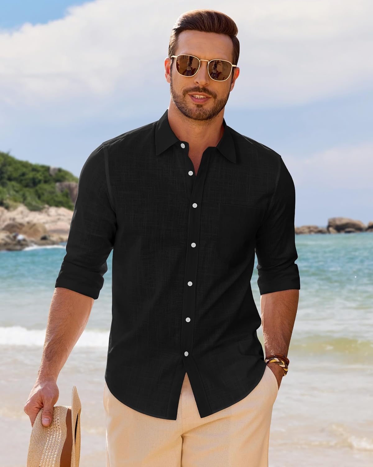 Detalle 2 de J.VER Leinenhemd Herren – Langarm Regular Fit Business & Beach (Baumwolle/Leinen)