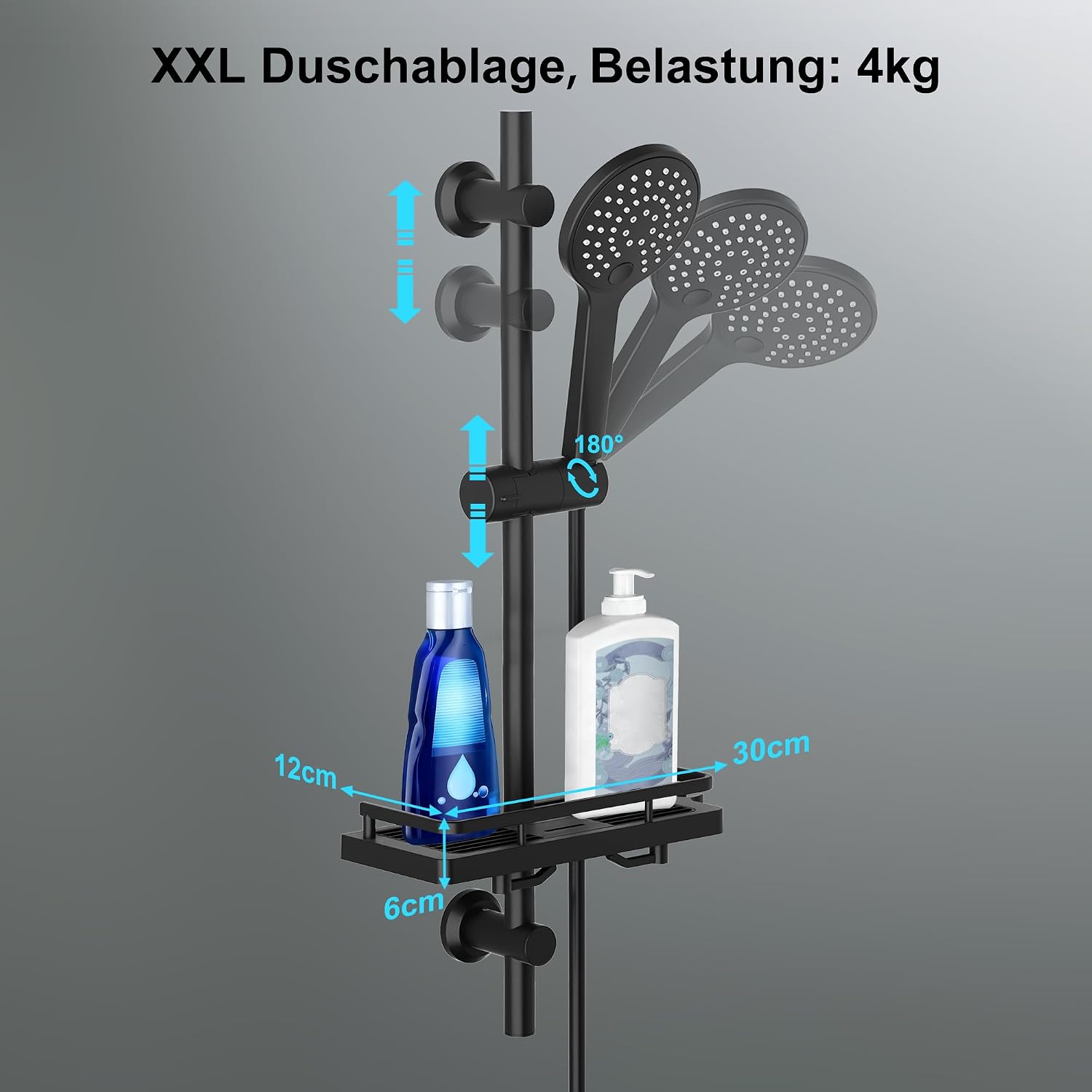 Detalle 2 de Görbach Asta Doccia Nera 70 cm – Colonna Doccia INOX a Parete con Doccetta a 3 Getti e Mensola XXL