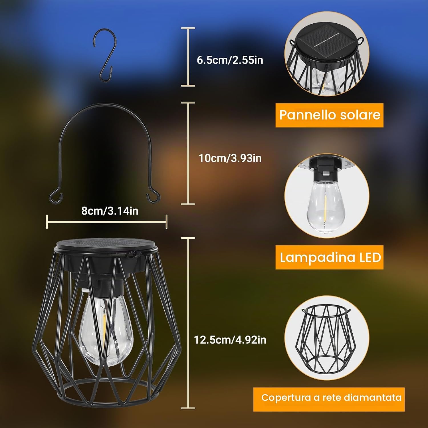 Detalle 2 de Dehobo Lanterne Solari da Esterno 2 Pezzi – Lampade solari IP65 in metallo con LED 2700K per giardino, campeggio e decorazioni