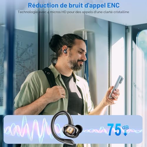 Detalle de Hupoaf Écouteurs Bluetooth Sans Fil Sport – Son personnalisable via l’application, 60+ heures d’autonomie