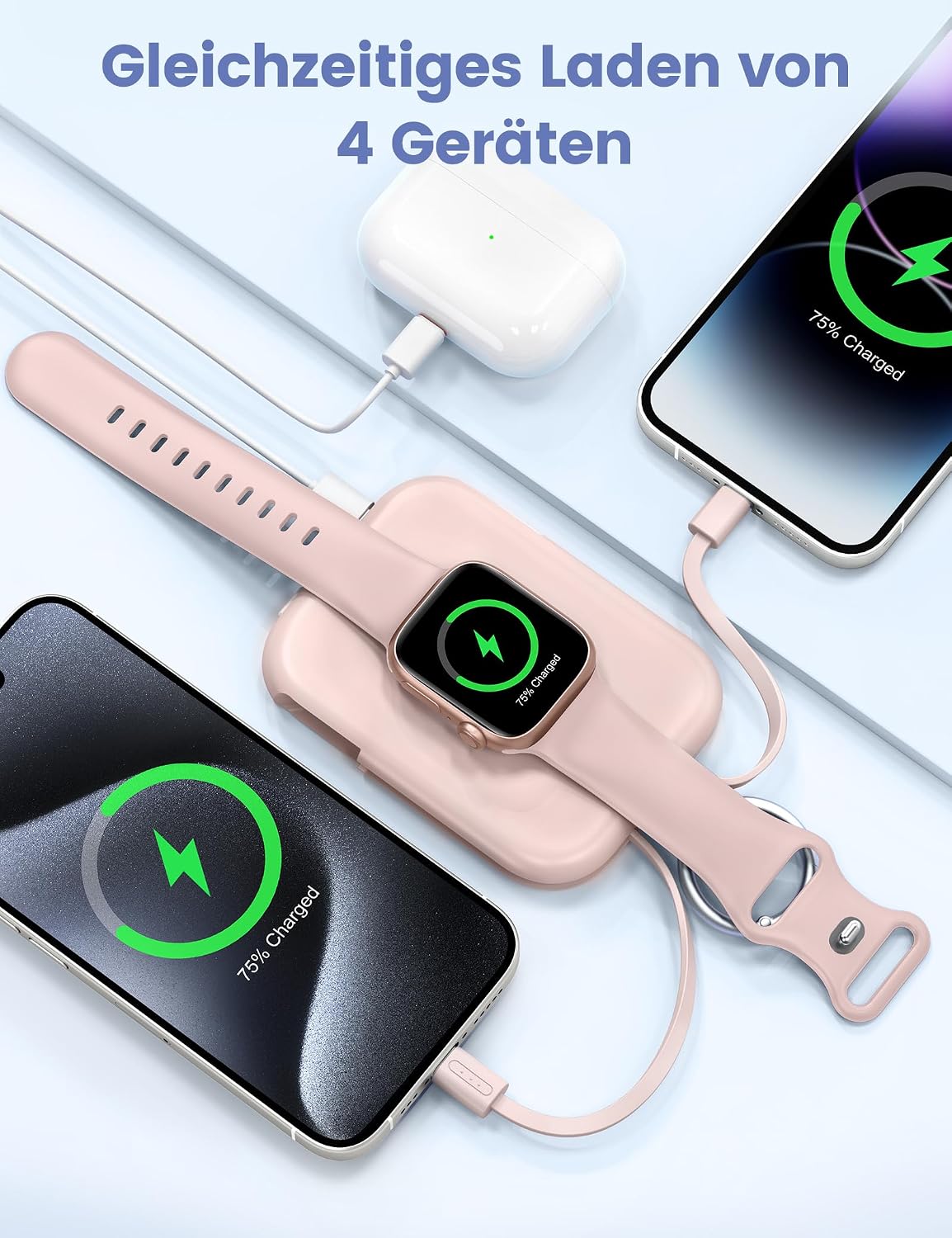 Detalle 2 de RORRY Portable Charger 5000mAh Power Bank with Built-in Cables (Pink) for iPhone & Apple Watch