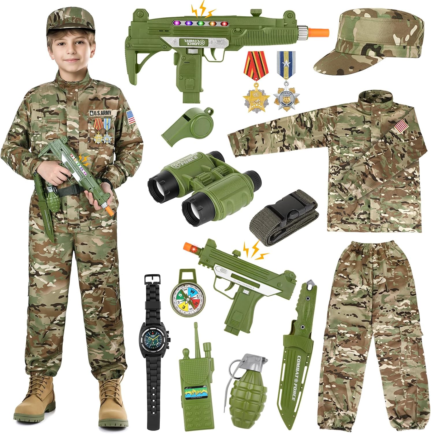 Detalle de GIFTINBOX Army Costume for Boys, 15-Piece Camo Soldier Dress-Up Set