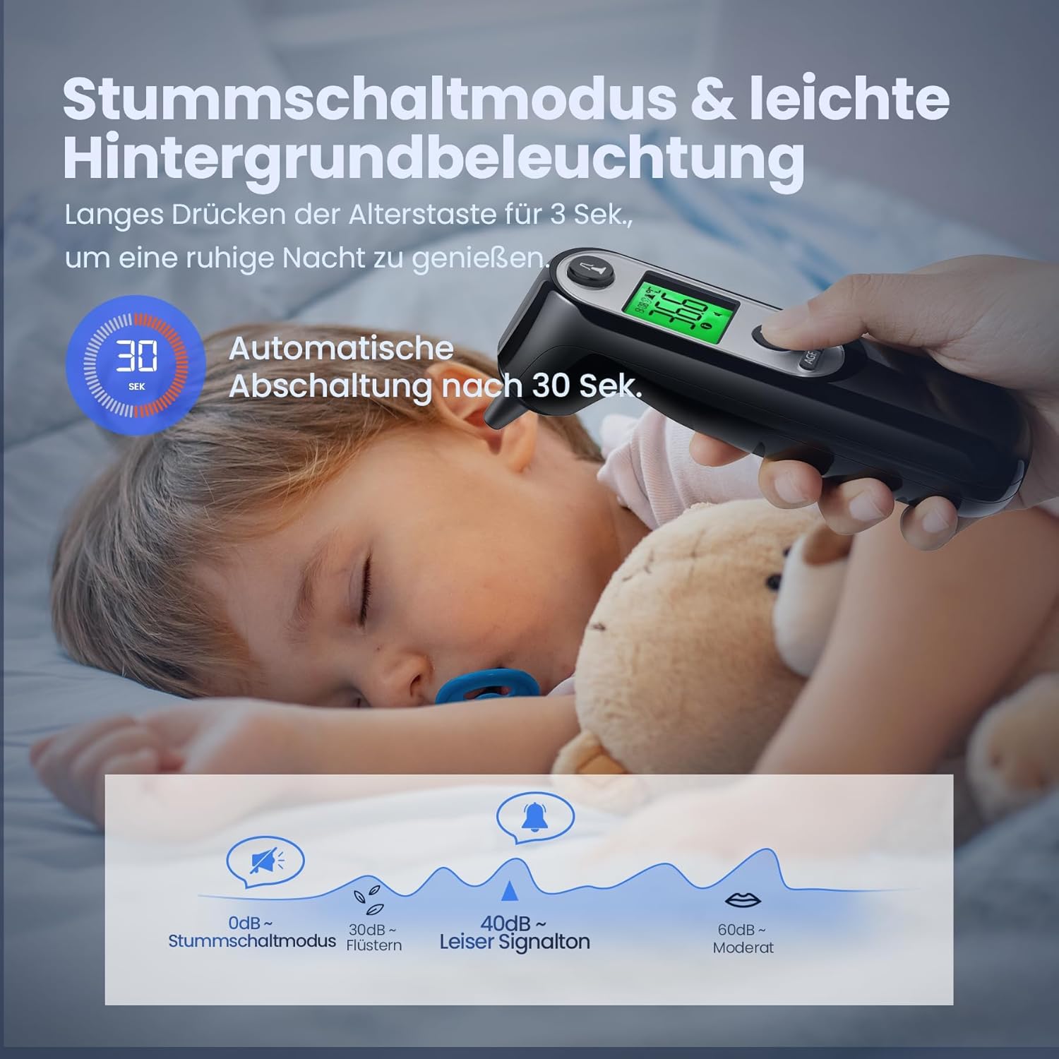 Thumbnail 4 de Digitales Infrarot-Ohrthermometer für Babys, Erwachsene & Senioren (Schwarz) – farbcodiertes Display, 21 Hygienekappen