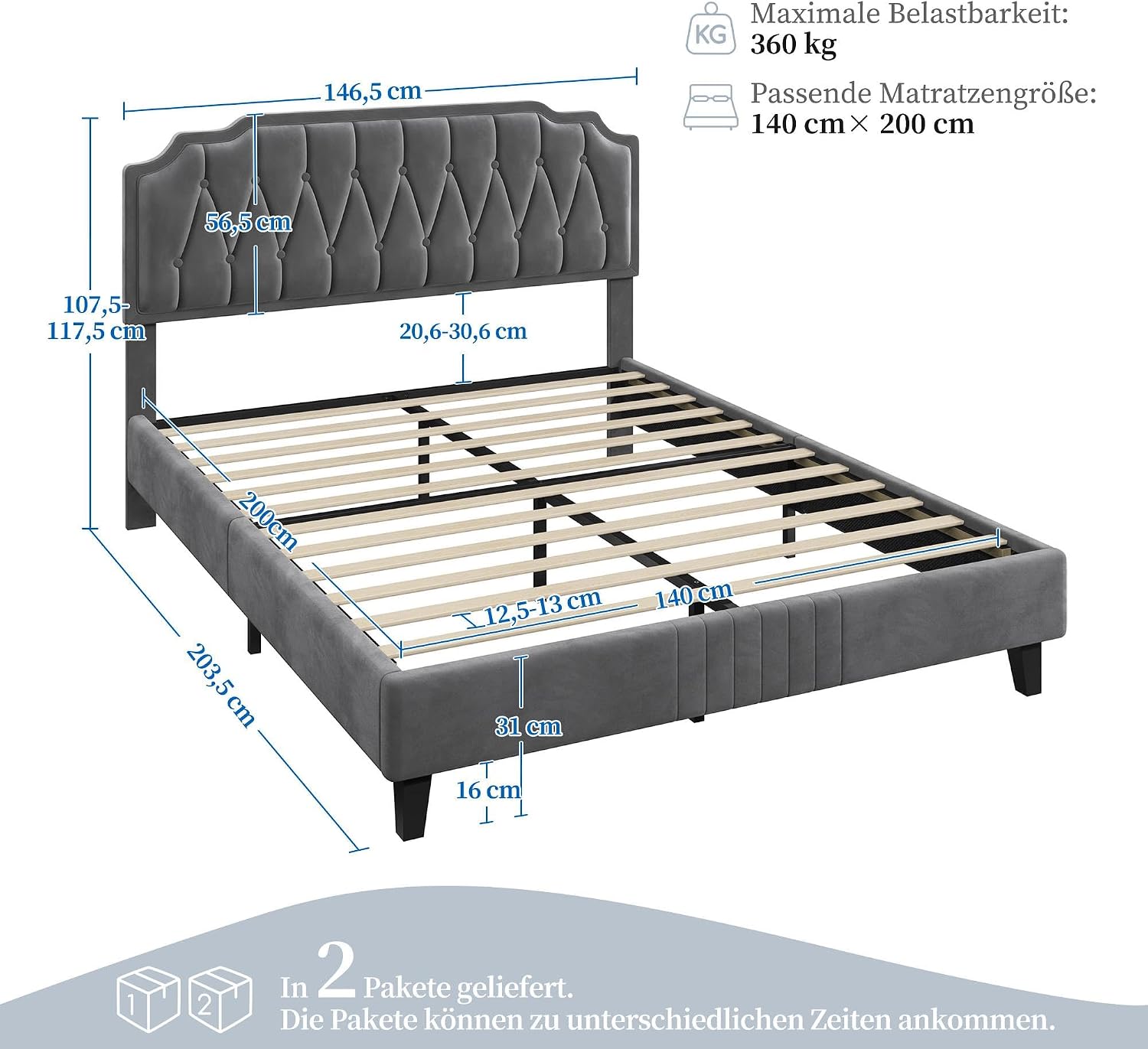 Thumbnail 1 de Yaheetech 615716 Dark Gray(140*200cm) gestoffeerd tweepersoonsbed met lattenbodem