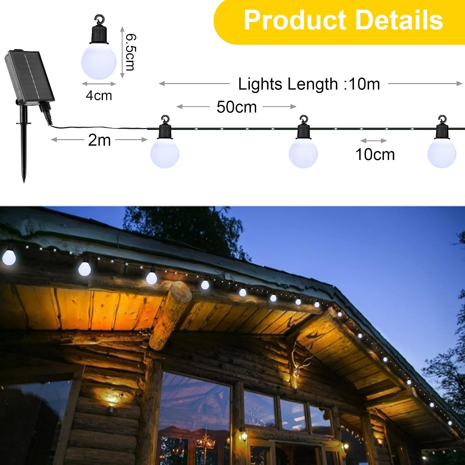 Thumbnail 5 de Tacobey Solar String Lights Outdoor Garden – USB Rechargeable, 32.8Ft/10m, 100 LED with 20 G40 Bulbs, 8 Modes, IP65 Waterproof