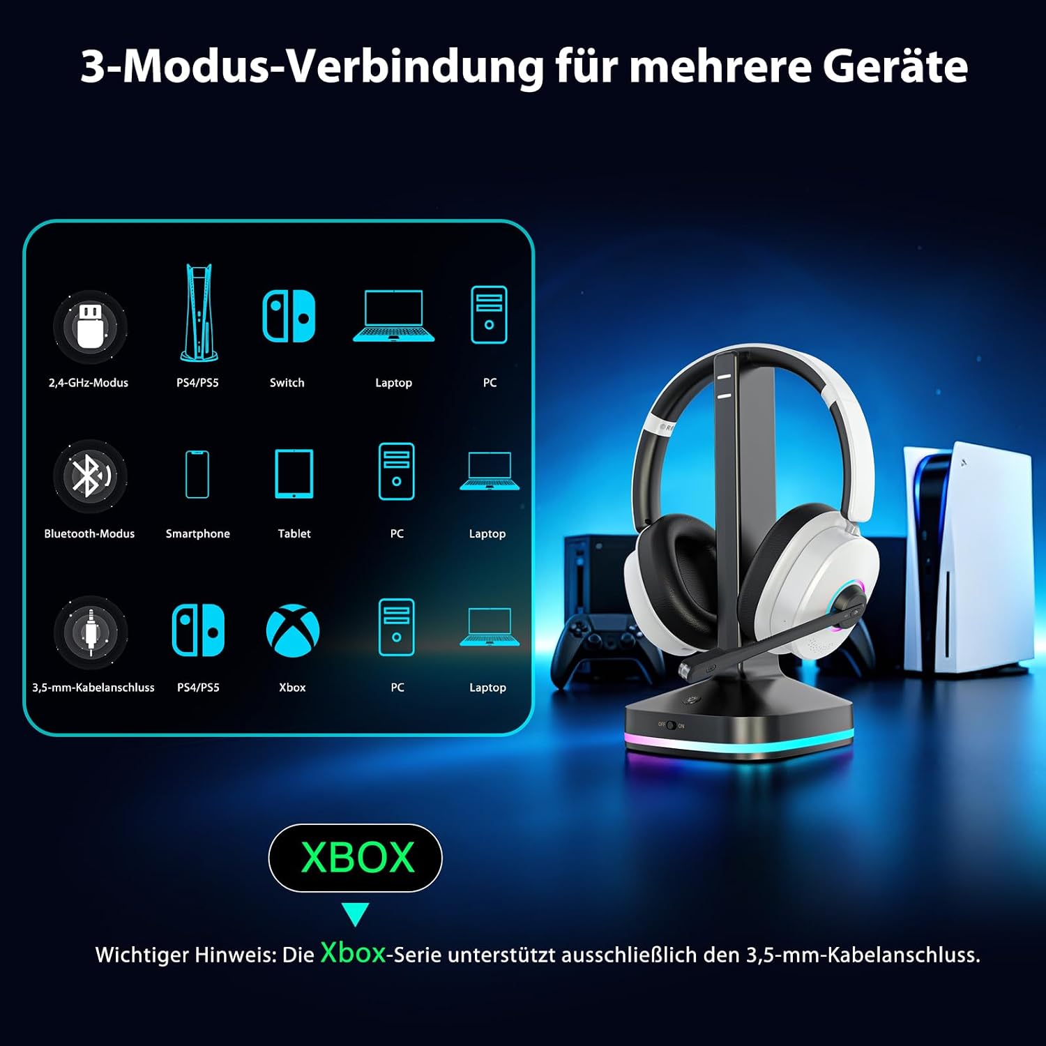 Thumbnail 3 de Earbay Wireless Gaming Headset with Bluetooth 6.0, Flip Mic and RGB Dock
