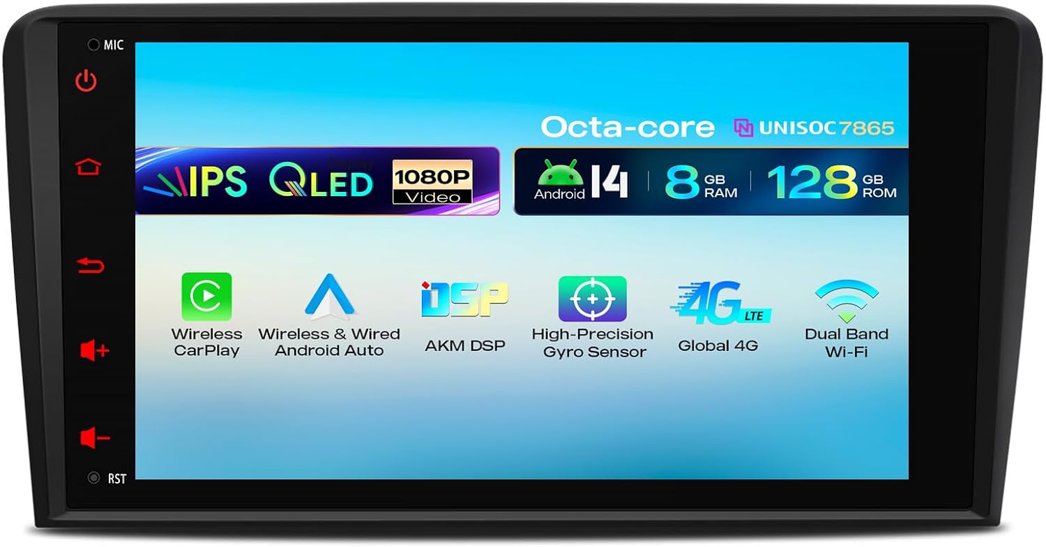 Detalle de XTRONS Android 14 Qualcomm QLED Car Radio for Audi A3 8P/8P1 S3 RS3 Sportback – 8” Octa Core, Wireless CarPlay & Android Auto