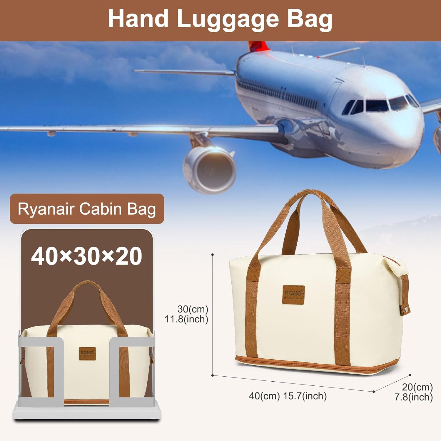 Detalle de Kono for Ryanair Cabin Bags 40x30x20: Foldable, Expandable Underseat Duffel