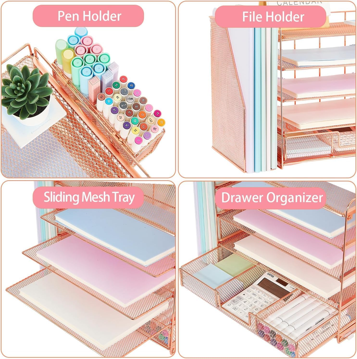 Detalle de Gugsey 5 Tier Desk Organizer, Rose Gold Metal File Holder with Drawer
