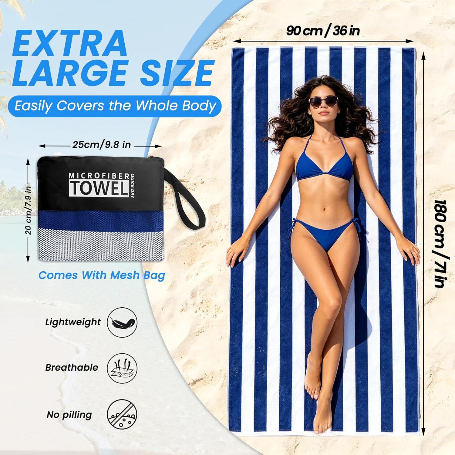 Thumbnail 1 de Kelvindra Microfibre Beach Towels for Adults – 2 Pack 180x90cm Extra Large, Sand Free Quick Dry Dual-Sided Towel