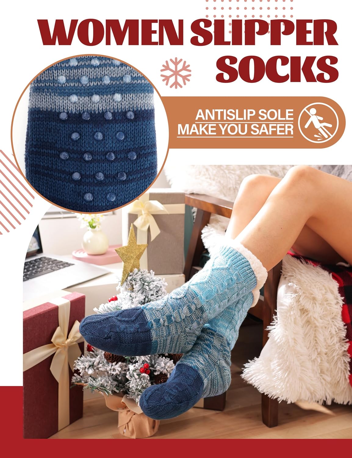 Detalle 2 de Anlisim Women’s Slipper Socks, Thick Fleece with Non-Slip Grips