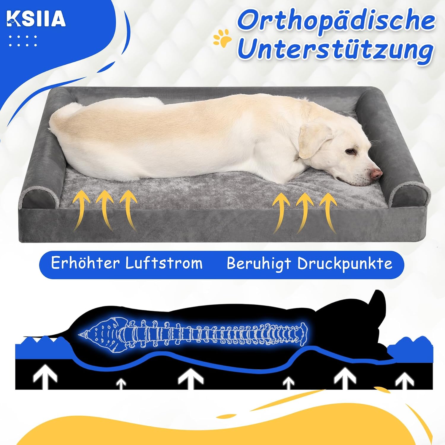Thumbnail 1 de KSIIA Hundebett Grosse Hunde – Orthopädisches XXL Hundekissen 121x76x18 cm, graue Bezug-Überzüge abnehmbar und waschbar
