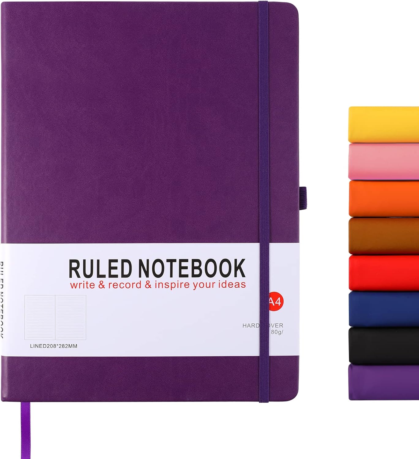 HIJYOO A4 Hardcover Notebook (160 pages) with Elastic Closure, Bookmark & Pen Loop, Purple