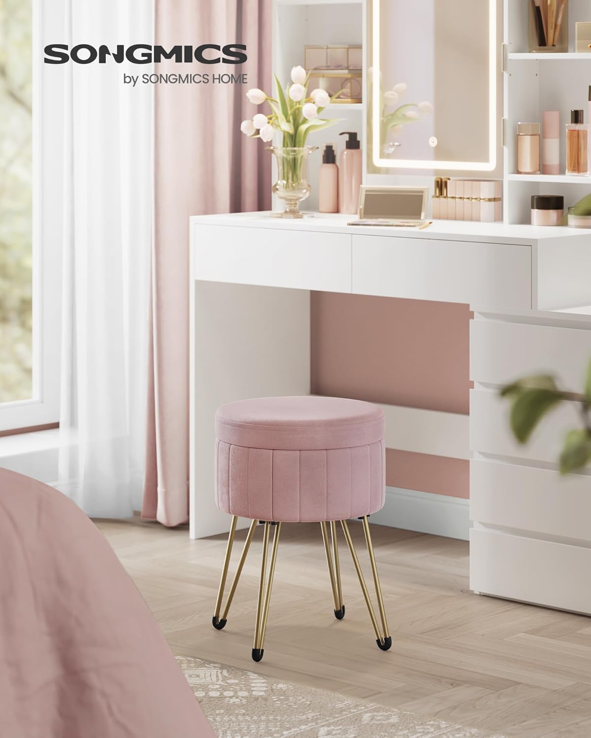 Thumbnail 1 de SONGMICS Sgabello Pouf Contenitore in Velluto Rosa Pastello – Cassapanca Rotonda, 39 x 44,4 cm