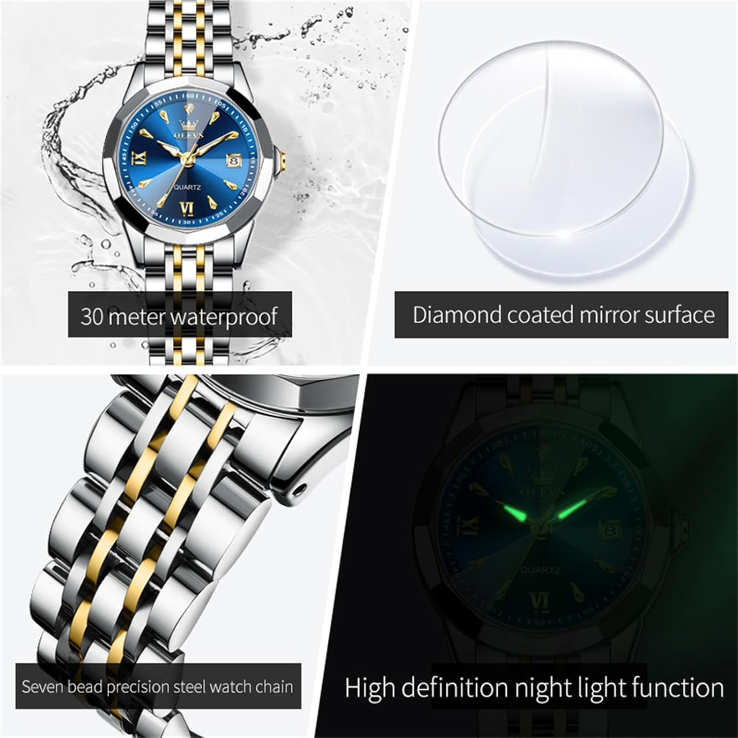 Thumbnail 4 de OLEVS Montre à Quartz pour Femme – Cadran Diamant, Bracelet Acier Inoxydable, Étanche et Lumineuse