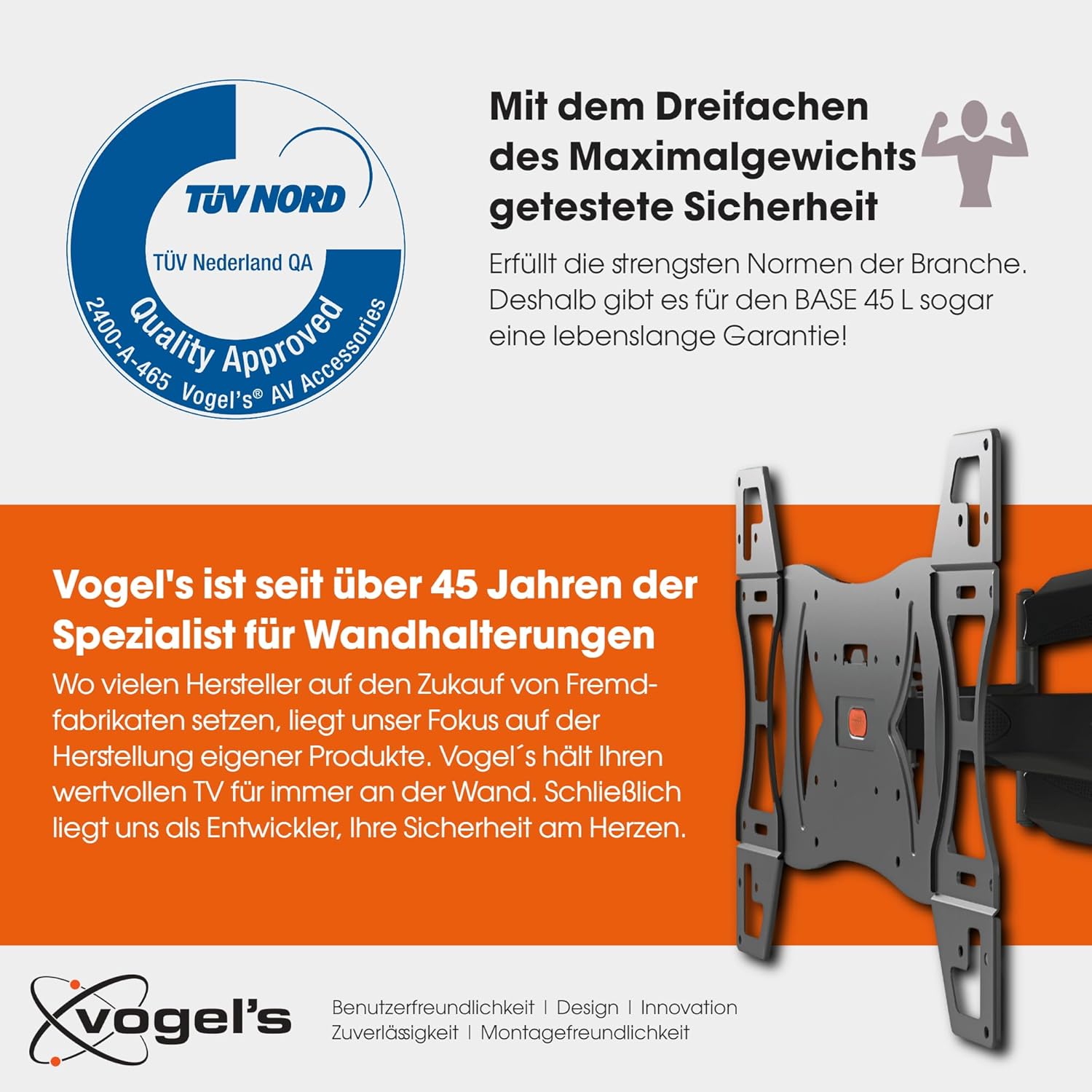 Detalle de Vogel's BASE 45 L Schwenkbare TV-Wandhalterung für 40–80 Zoll | bis 45 kg, VESA 600x400, TÜV-zertifiziert