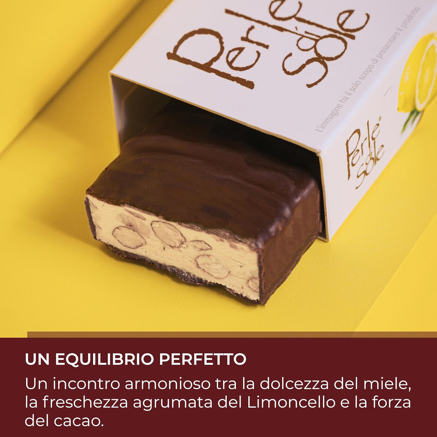 Detalle de Perle di Sole – Torrone Morbido Fondente al Limoncello, 150 g: artigianale italiano con mandorle e rivestimento di cioccolato fondente