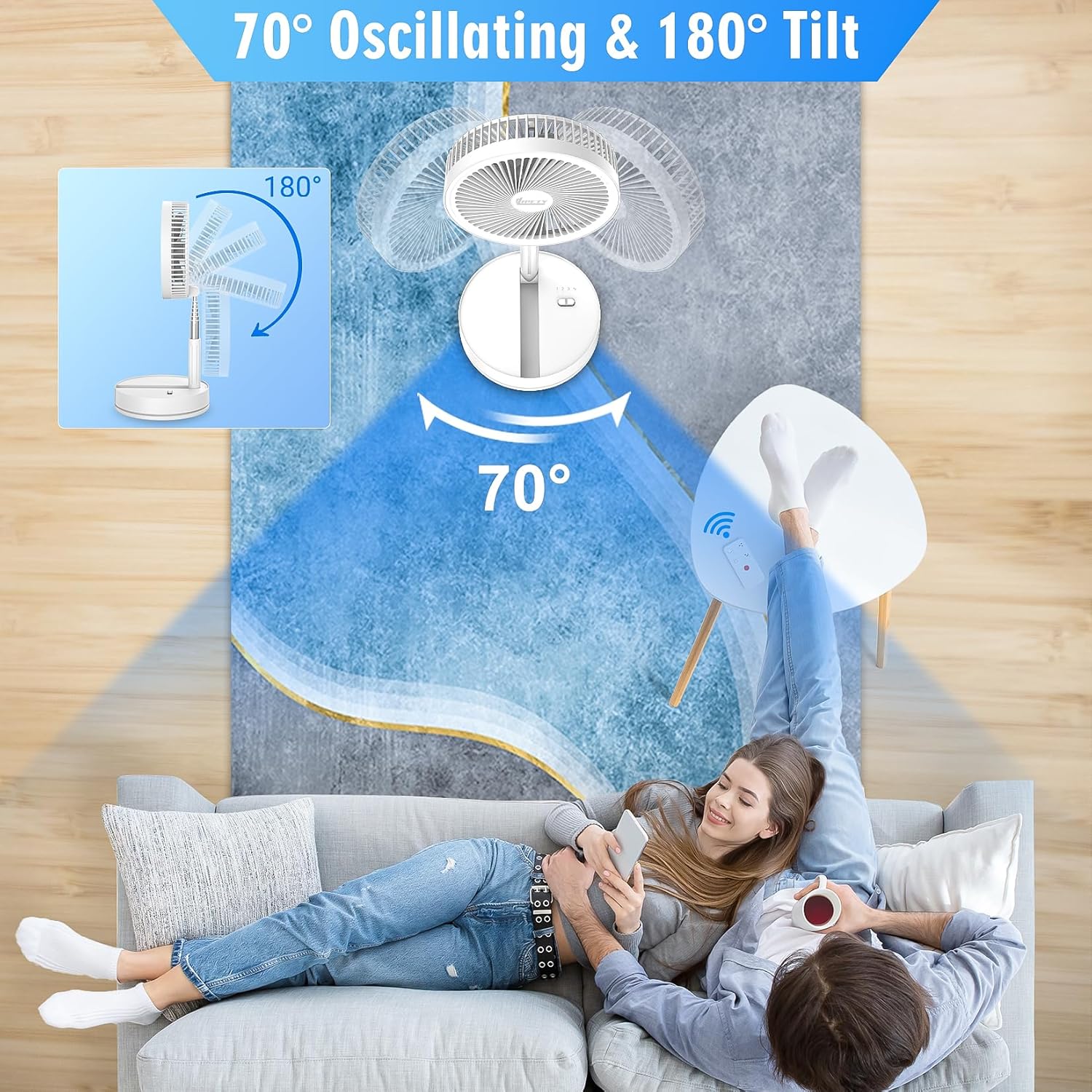 Thumbnail 1 de Portable Foldable Oscillating Fan – 8.6", 8000mAh, USB-C Rechargeable with Remote