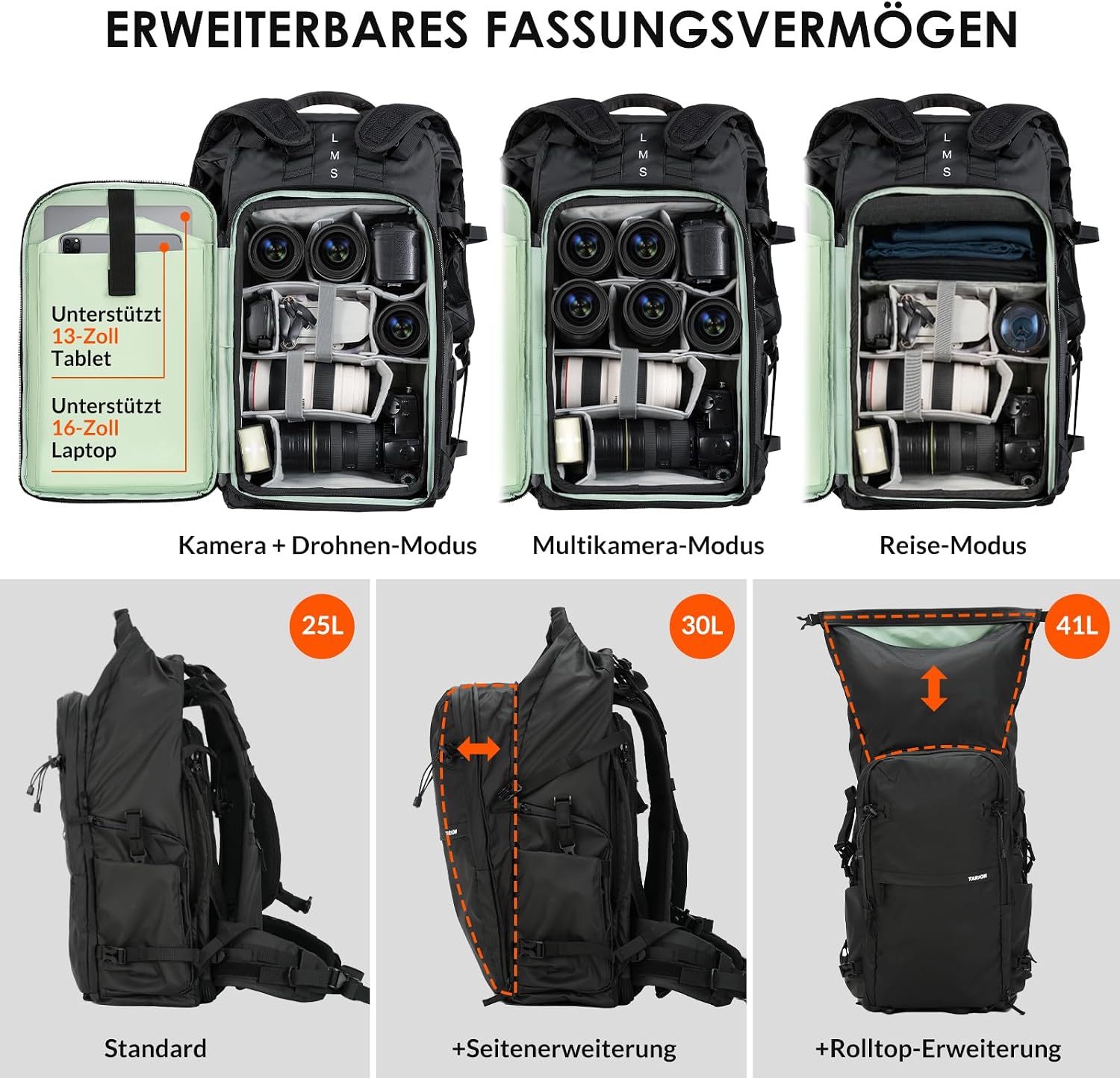 Thumbnail 1 de TARION Xprober Rolltop Kamerarucksack (35L) wasserdicht mit 16-Zoll-Laptopfach