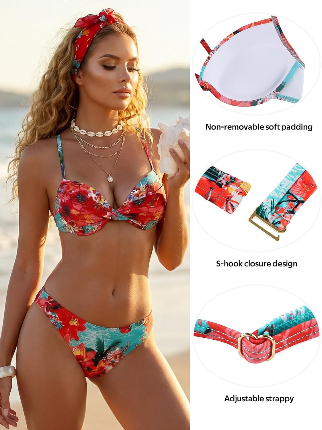 Detalle de RELLECIGA Women's Push-Up Bikini Top with Underwire, Moulded Cups and Cross-Front Pleats