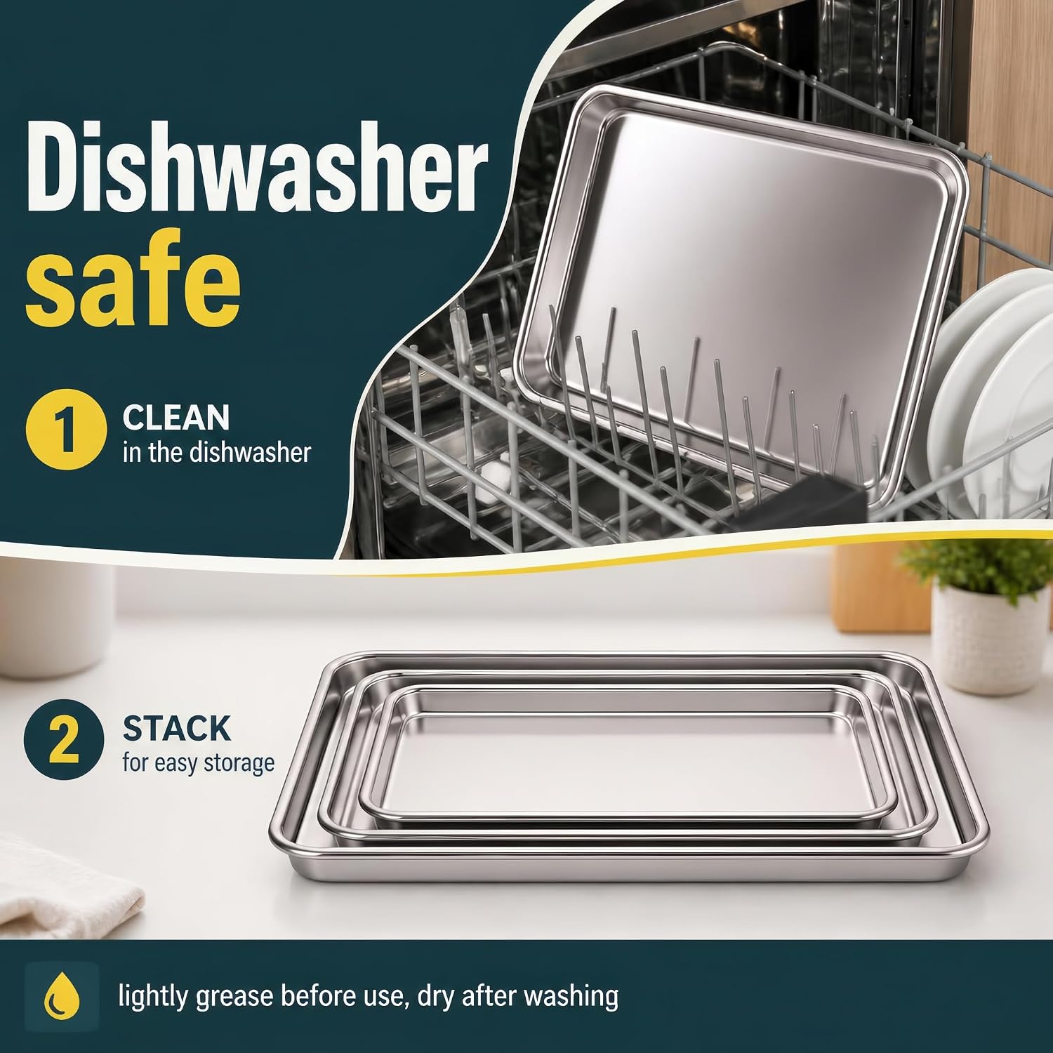 Thumbnail 4 de Baker’s Signature Stainless Steel Cookie Sheet Pan Set (3-Piece) — Mirror Finish, Non-Stick, BPA Free