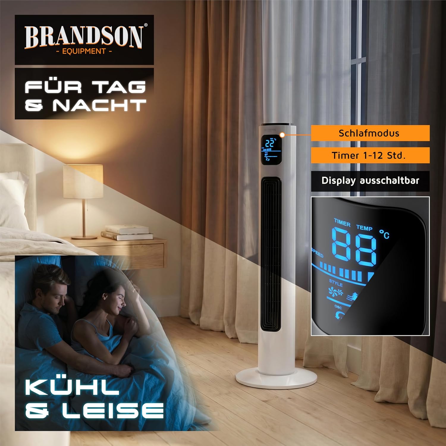 Detalle 2 de Brandson Turmventilator mit Fernbedienung (96 cm) – 45-W-Motor, Oszillation & Timer