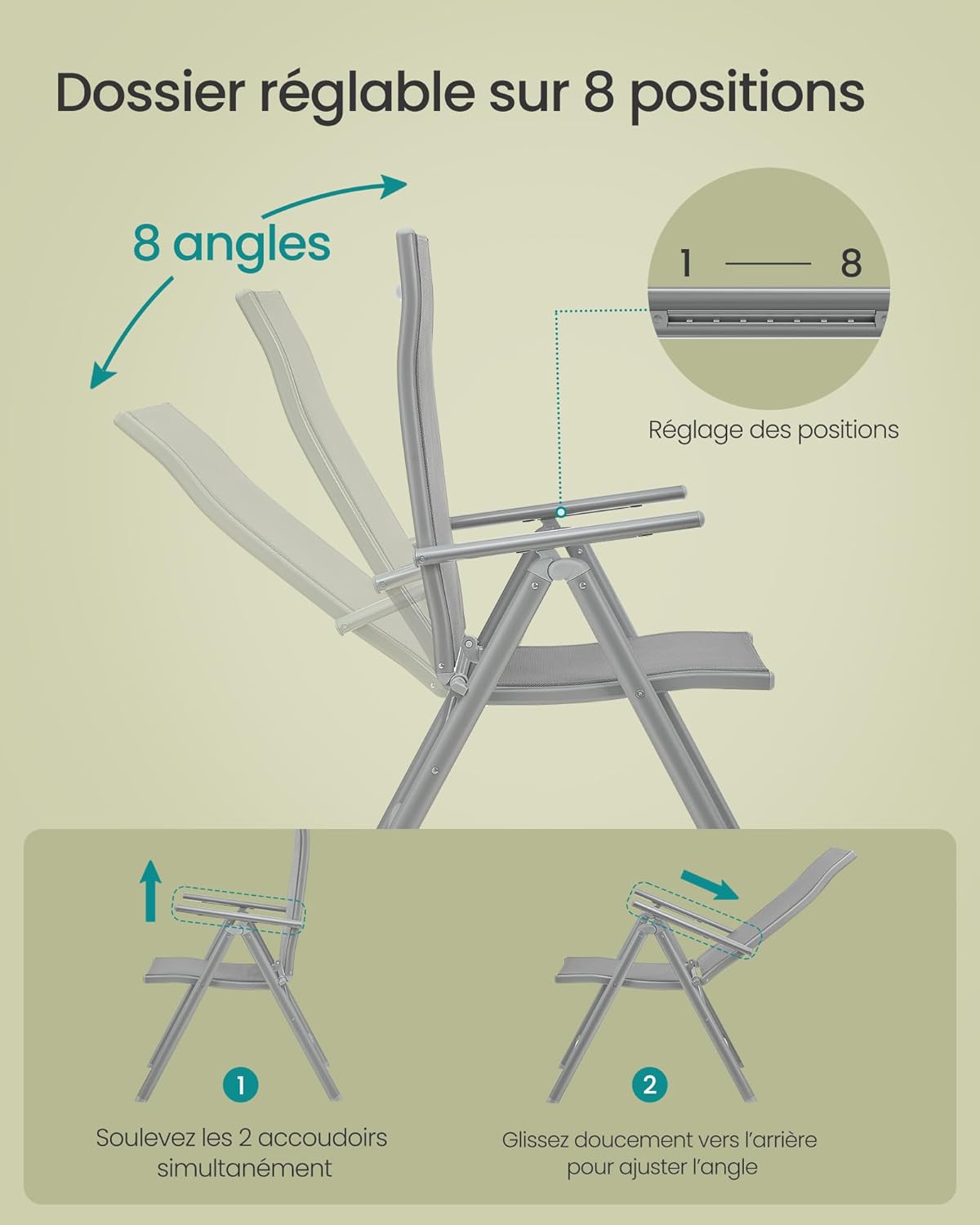 Detalle 2 de SONGMICS Chaise de jardin pliable à dossier réglable 8 positions (jusqu’à 150 kg) Gris GCB02GY