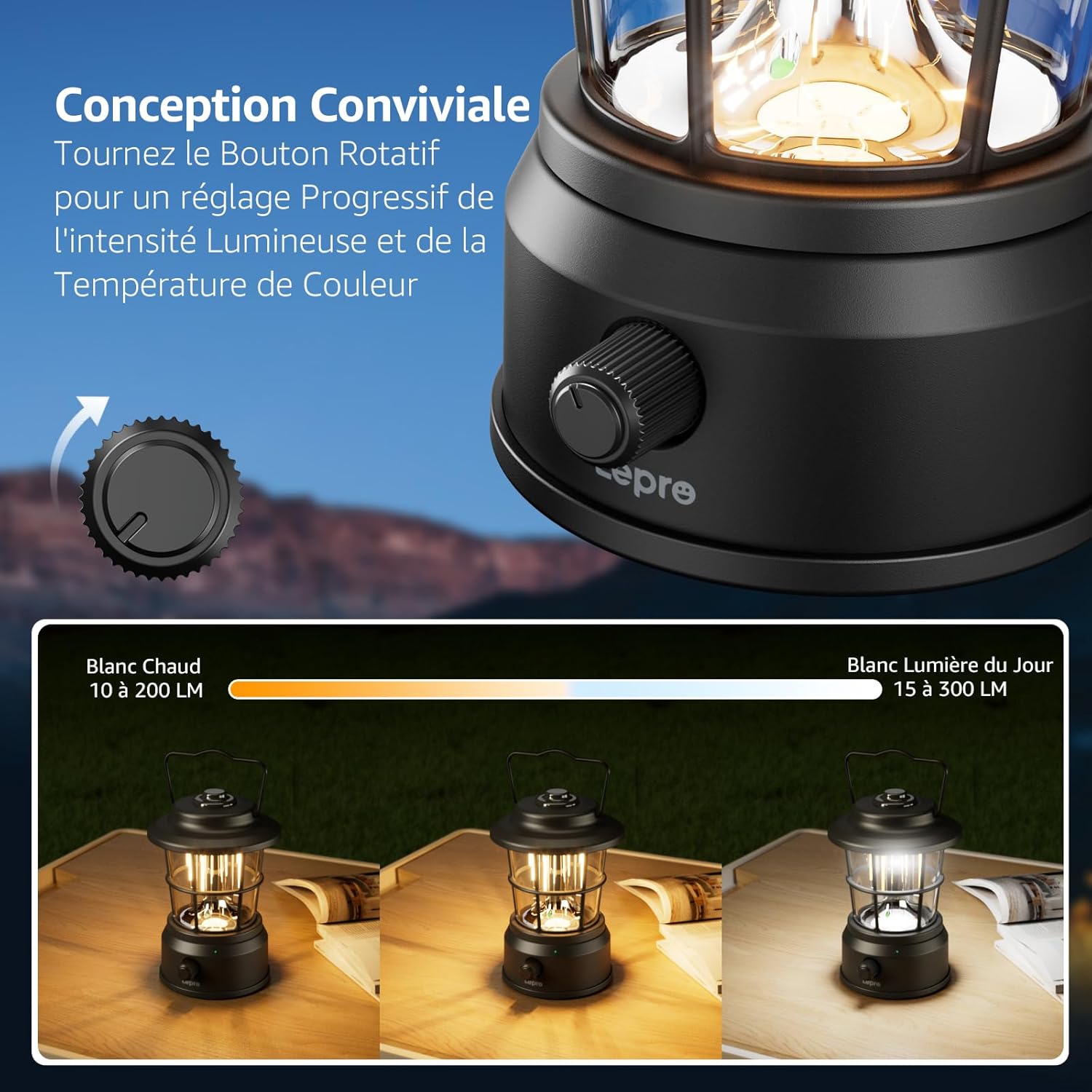 Detalle de Lepro Lampe Camping Rechargeable — 4 Modes, 3600 mAh et Power Bank, IPX4