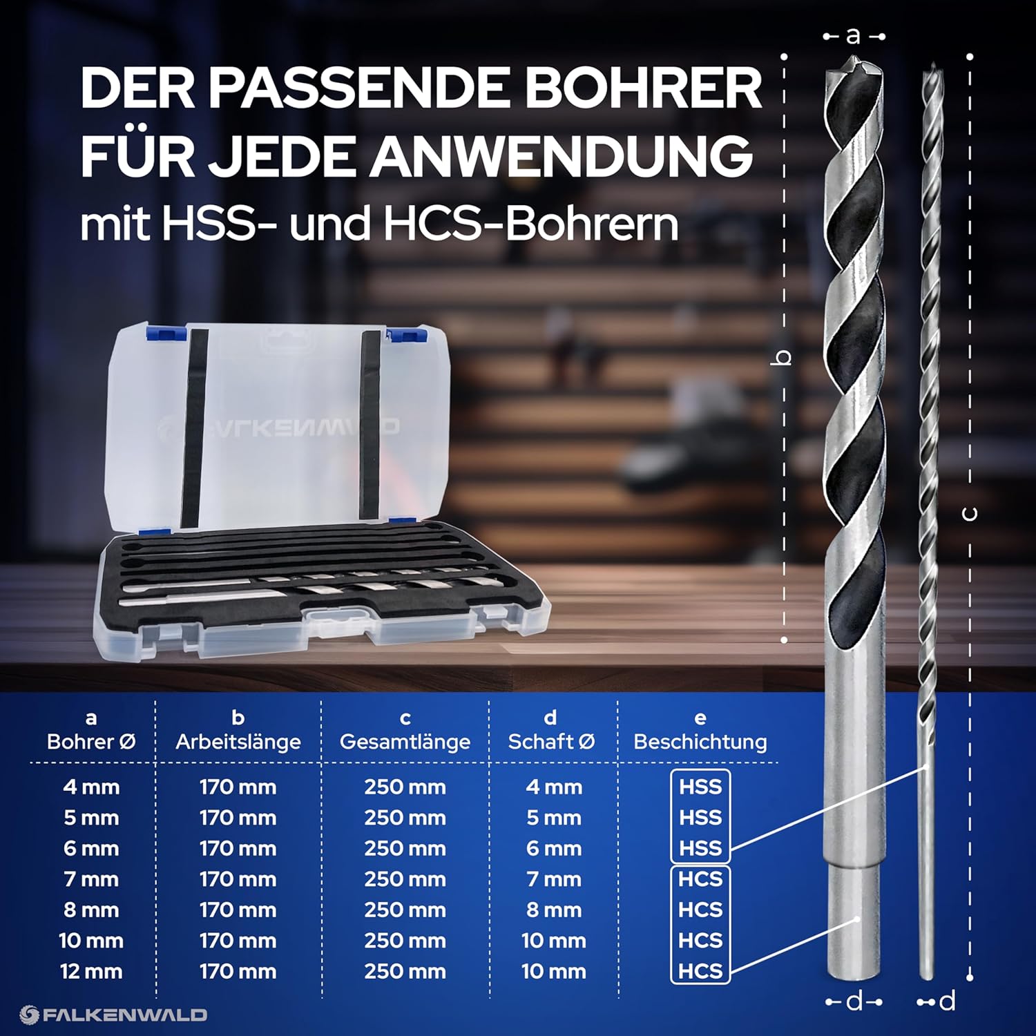 Thumbnail 1 de Falkenwald Holzbohrer-Set lang 7-teilig (4–12 mm) inkl. Koffer für präzise Bohrungen in Weich- und Hartholz