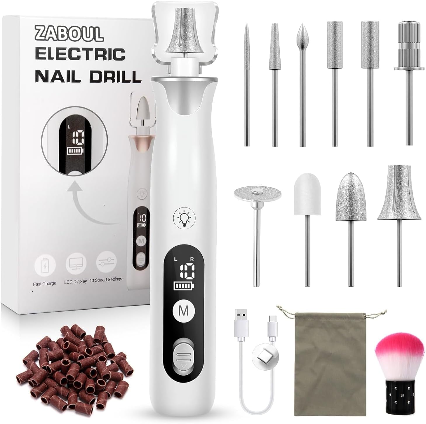 Detalle de ZABOUL AOL05 Cordless Electric Nail Drill, 10 Speeds, 10 Bits & 60 Bands